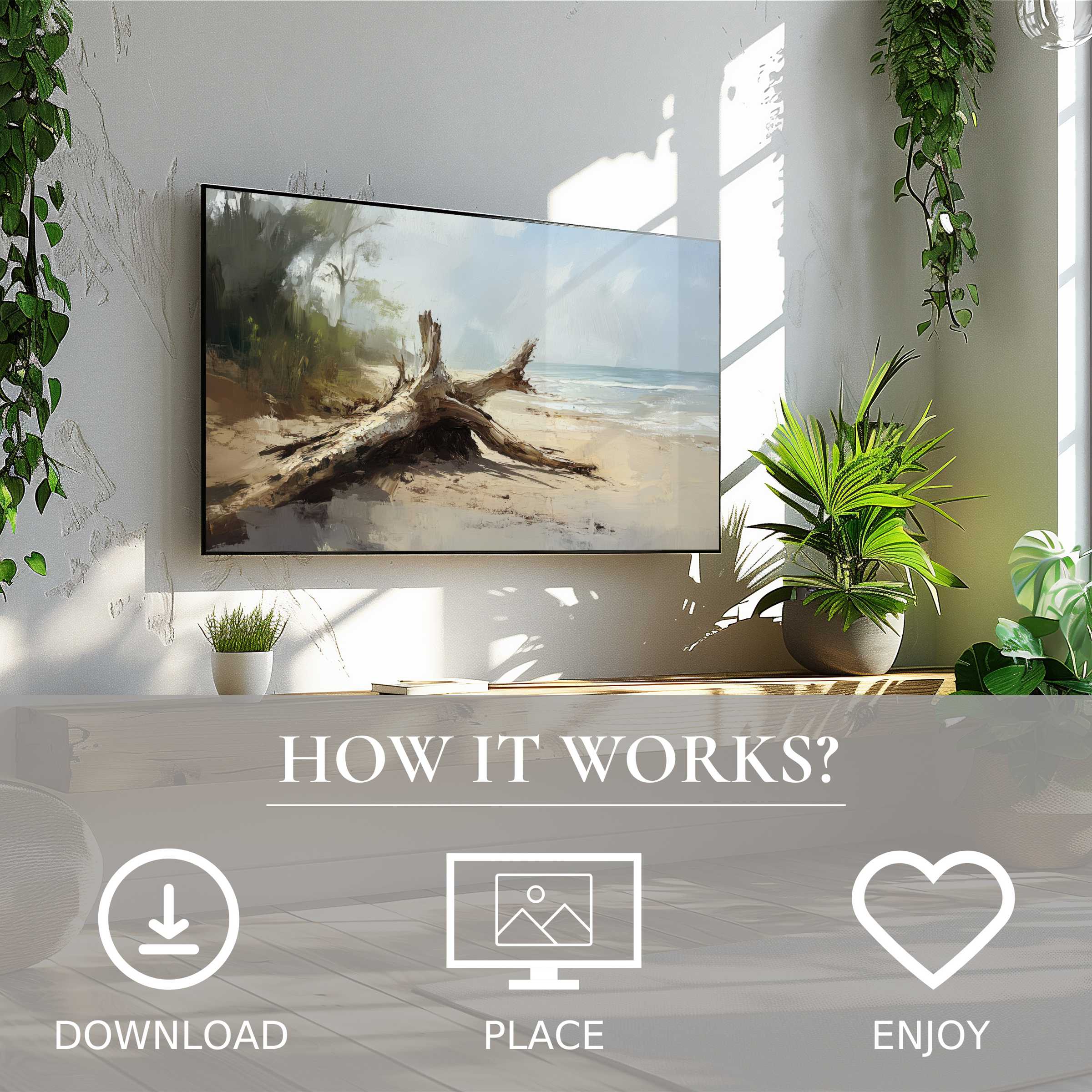 Modern living room with beach art for Samsung TV in soft driftwood tones, easy digital download enriches space
