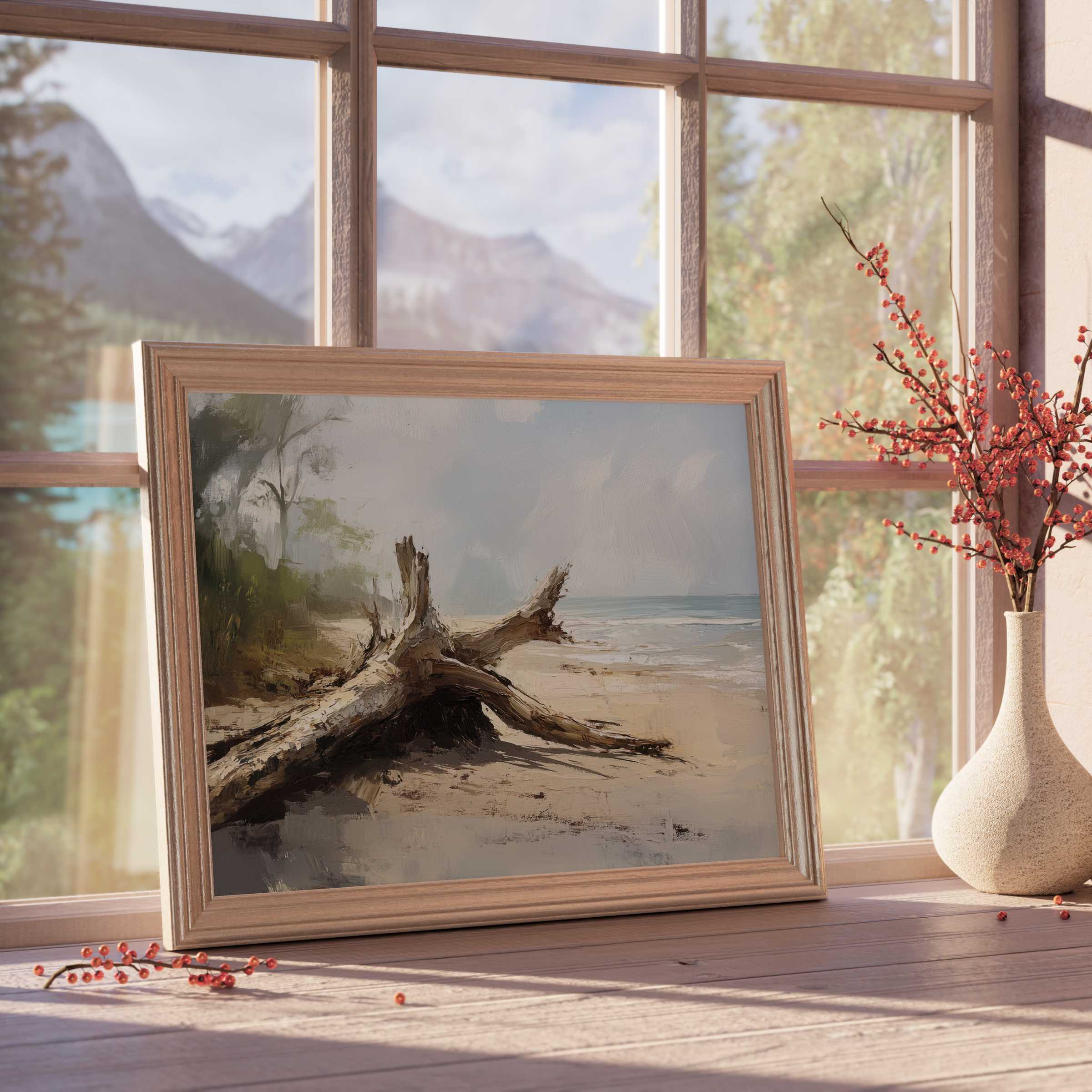 Tranquil beach downloadable art capturing sunlit driftwood and serene coastal hues, perfect for elegant, curated interiors