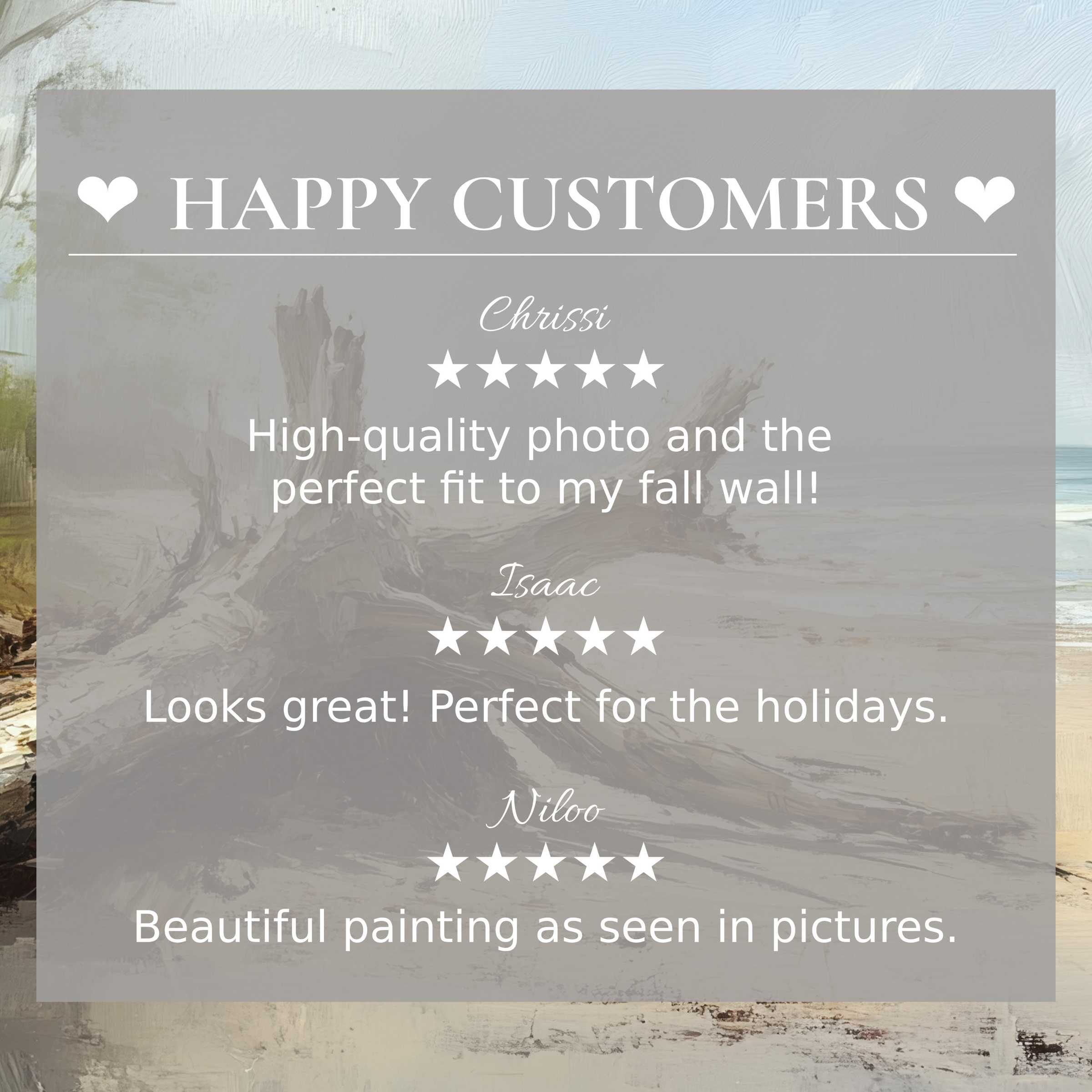 Elegant beach art for Frame TV with abstract sunset hues and happy customer reviews building trust