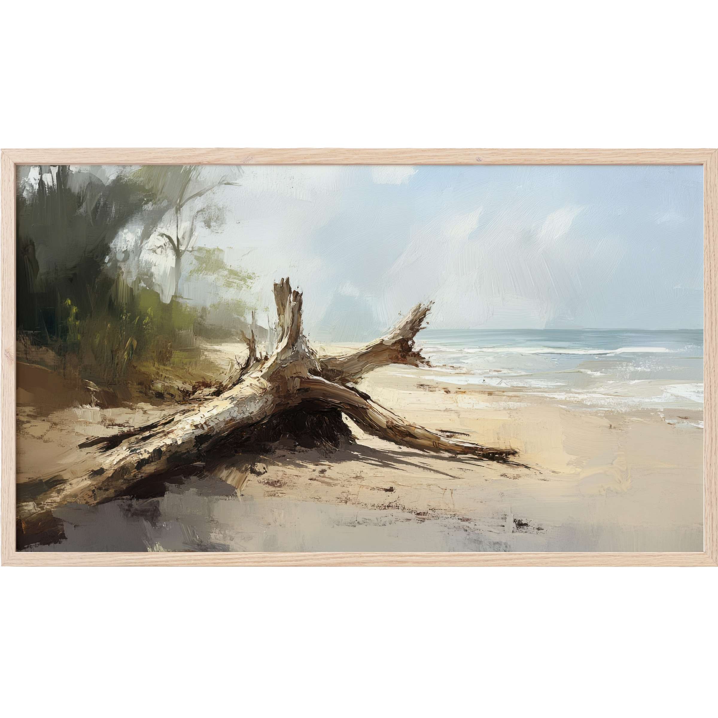 Tranquil driftwood on serene sandy shore with muted earth tones and soft blues, beach Frame TV Art in modern style