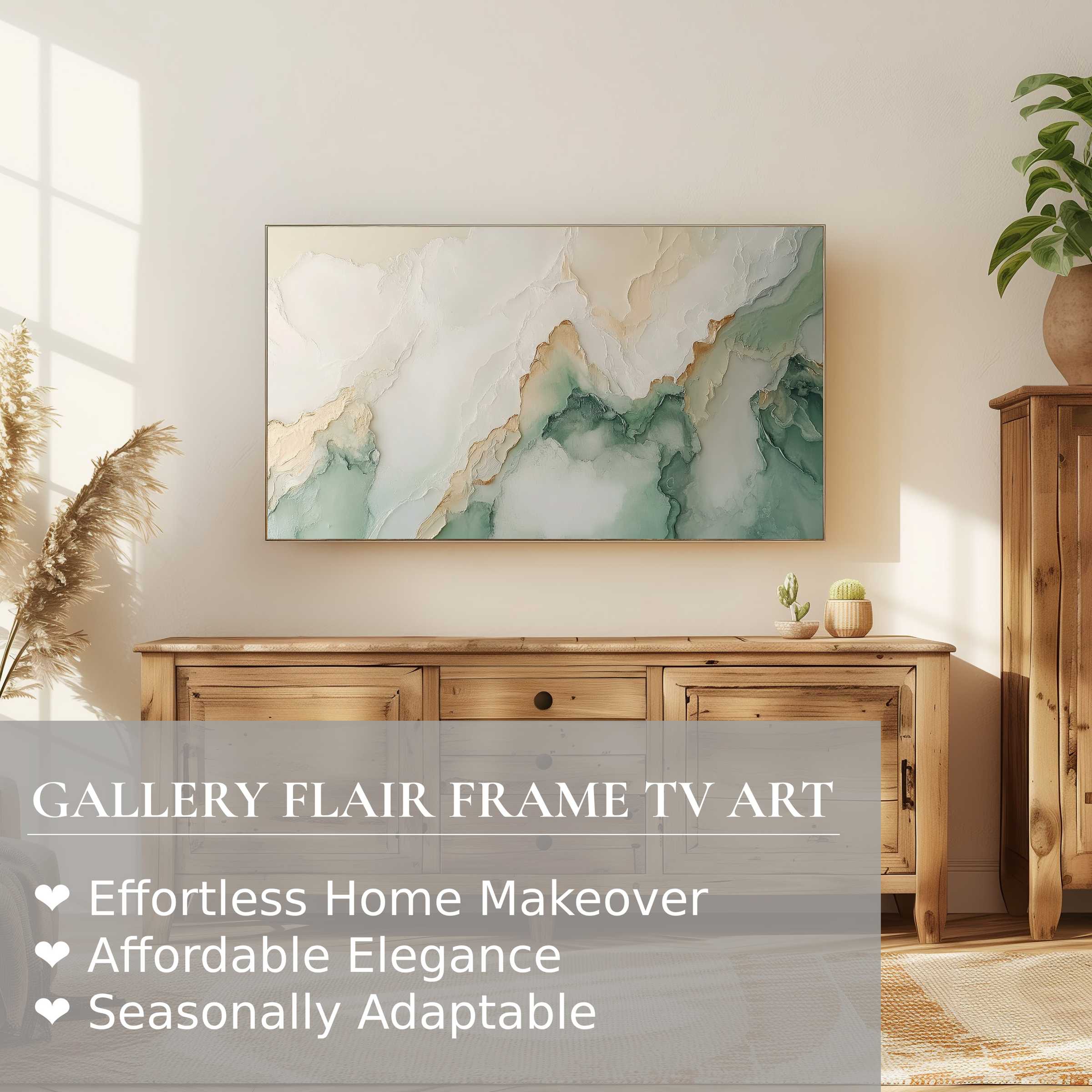 Samsung Frame TV displays neutral digital artwork of soft textures and muted greens in serene, modern decor