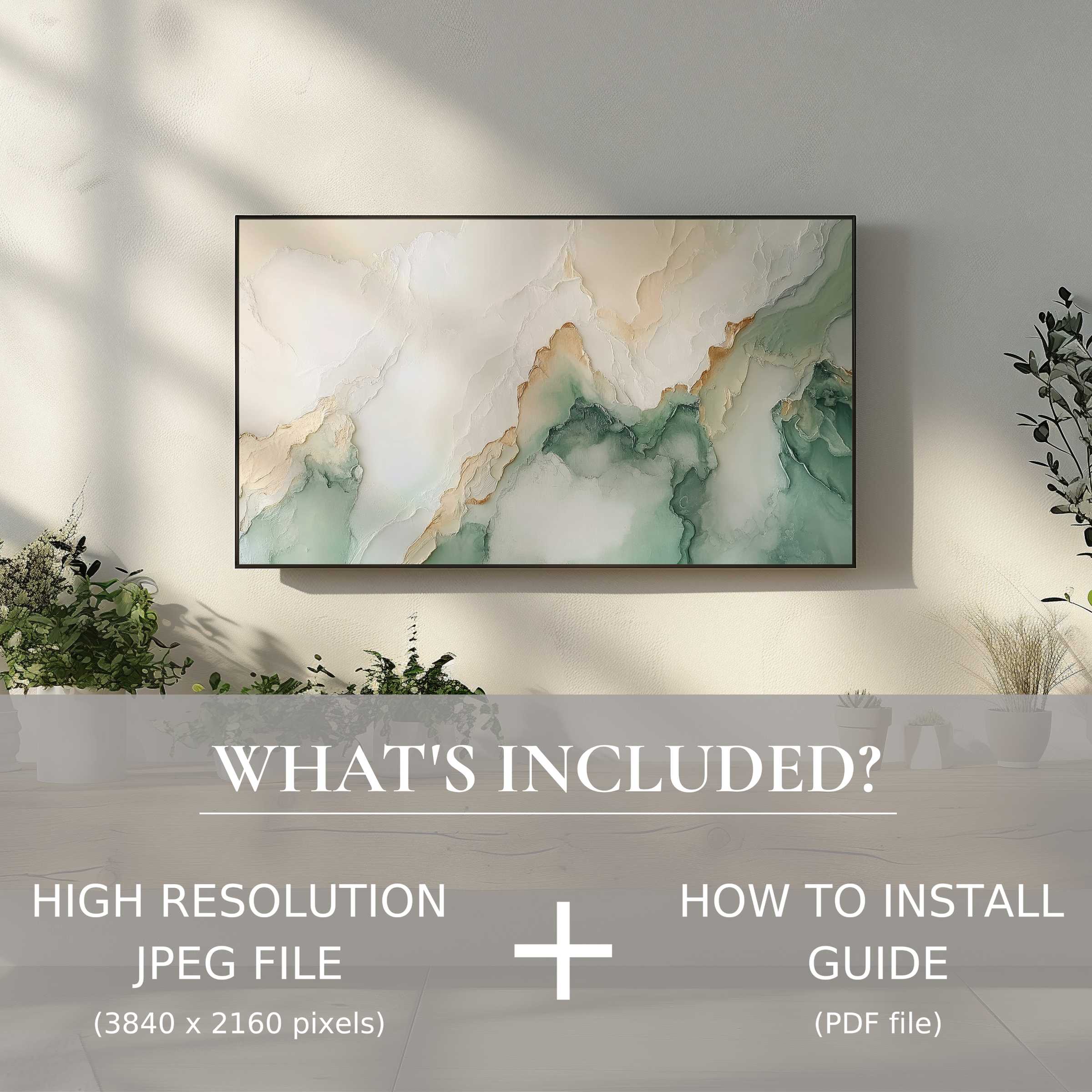 Elegant living room with neutral digital TV art download, effortlessly enhancing space with easy digital use