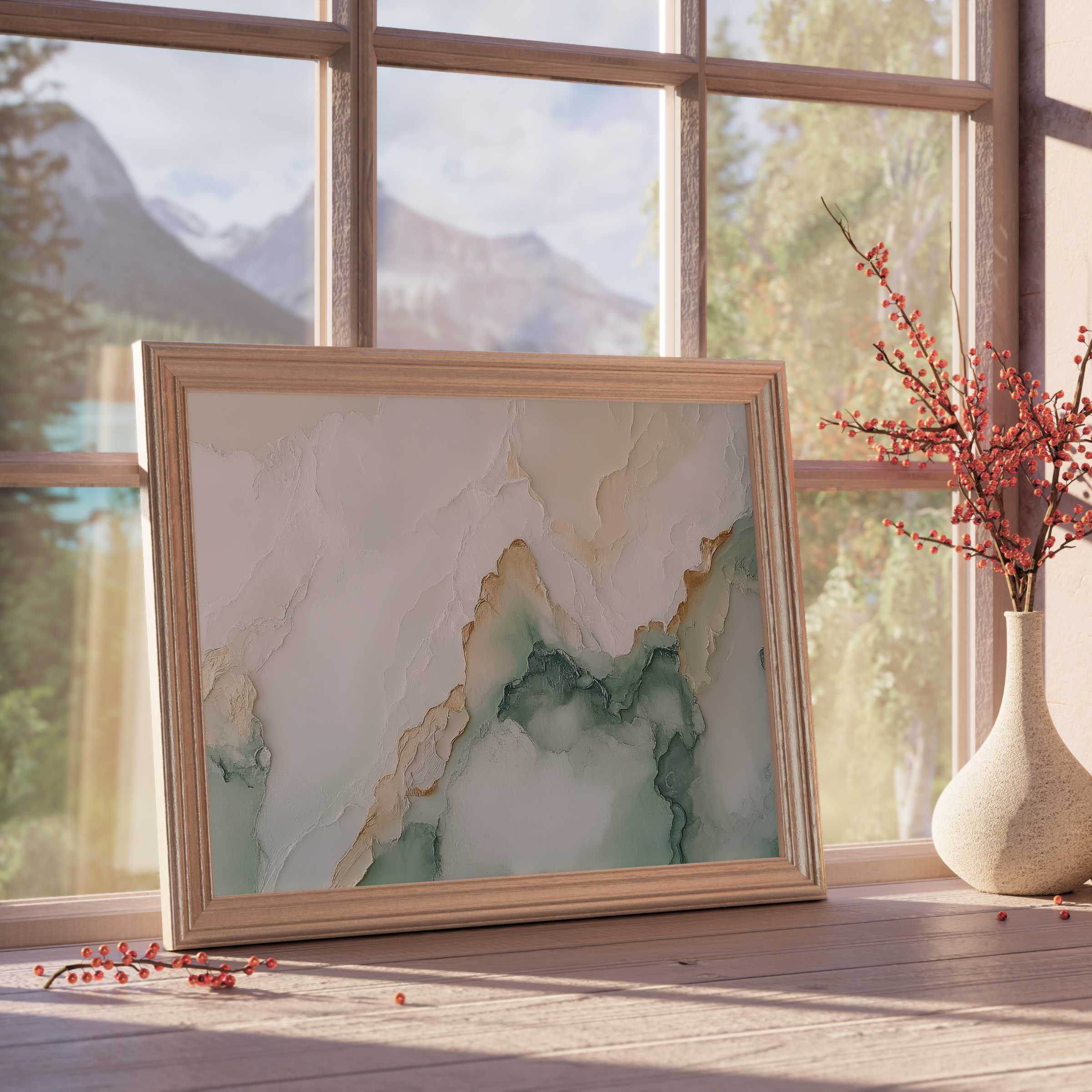 Neutral downloadable art in serene muted greens and warm earth tones, elevating curated interiors with tranquil, sophisticated elegance