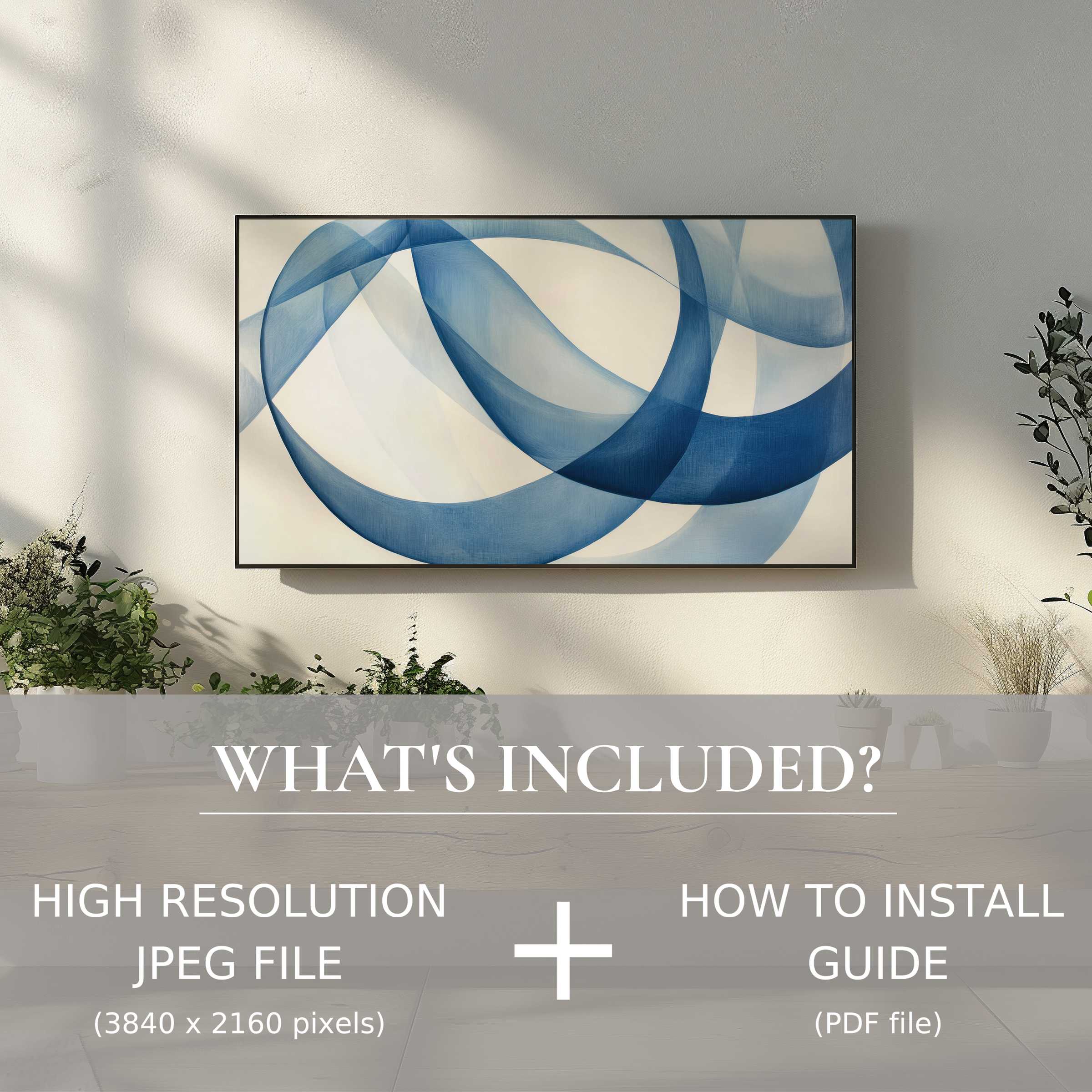 Minimalist digital TV art download with fluid blue waves enhances stylish living spaces; easy digital use included