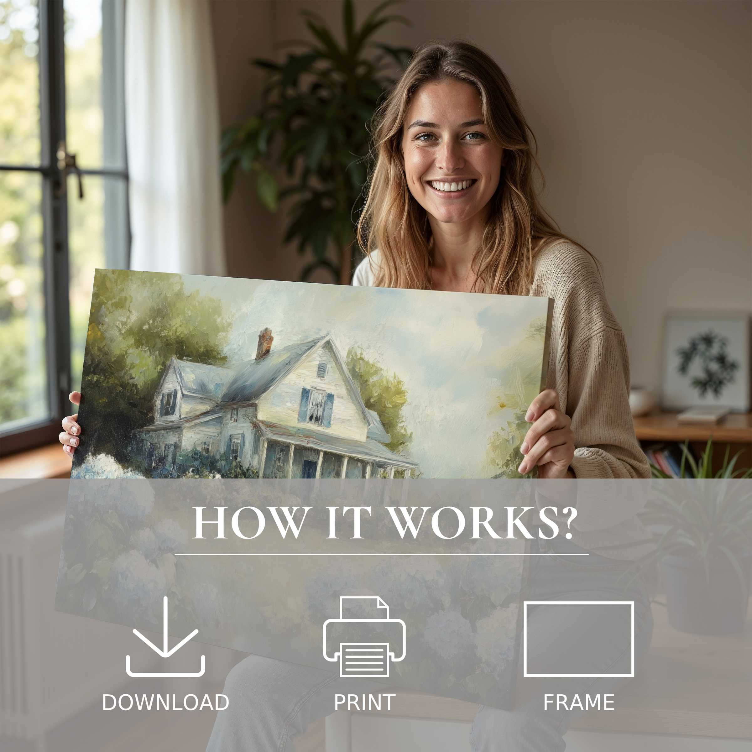 Elegant farmhouse digital art print embraced in a sunlit modern interior, inspiring warmth and effortless style in home decor