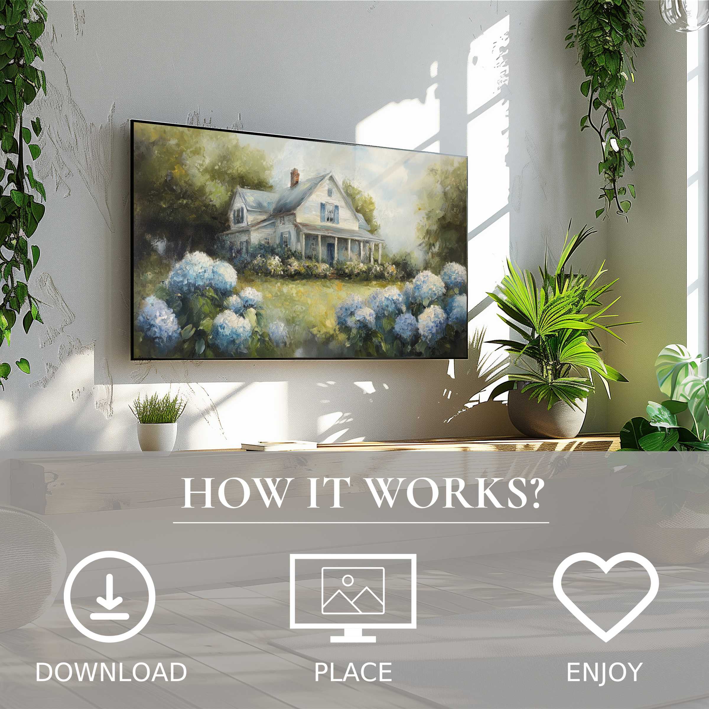 Bright living room with farmhouse art for Samsung TV; digital download shows soft sunset tones enriching space