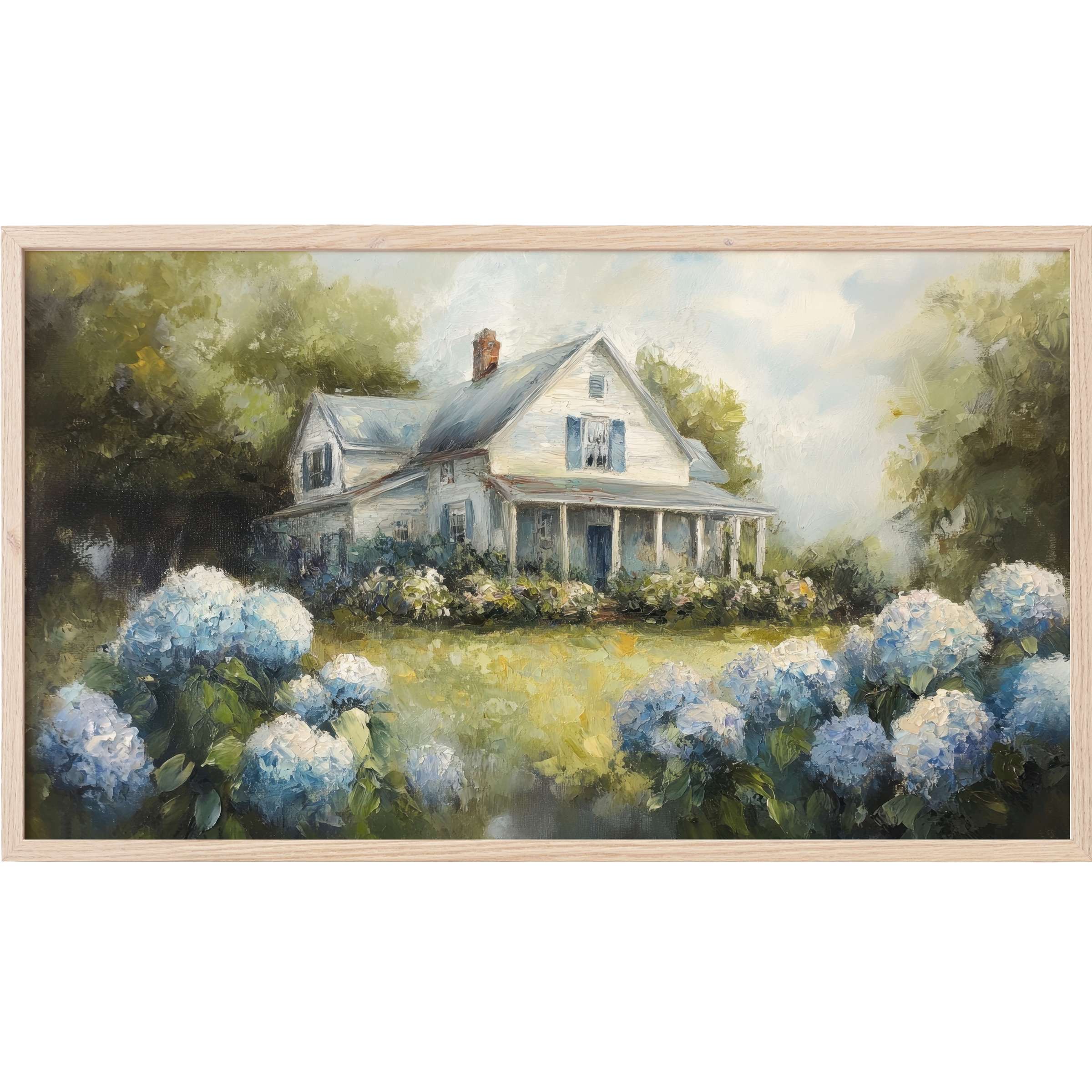 Farmhouse Frame TV Art: serene white farmhouse surrounded by blue hydrangeas in soft, impressionist greens and blues
