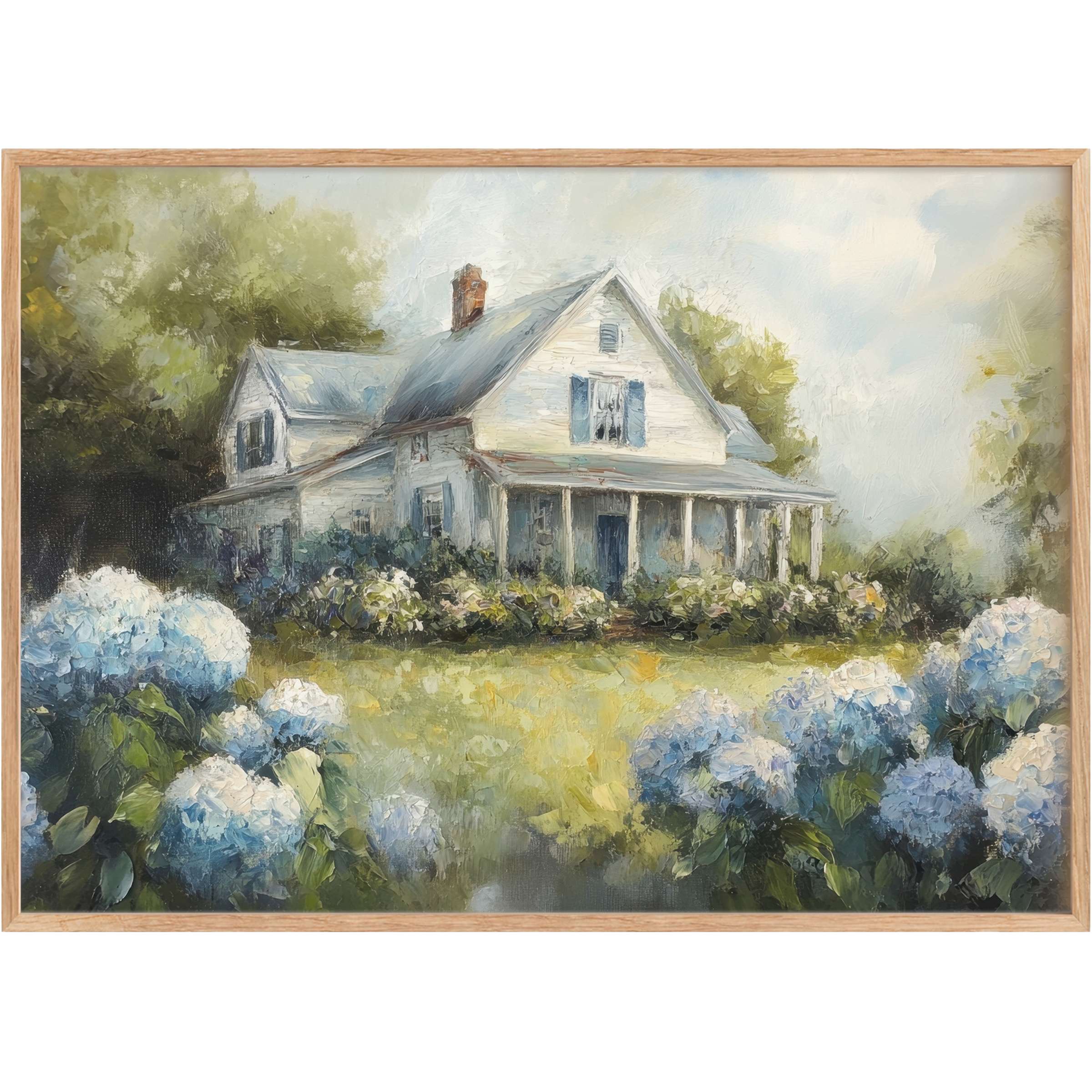 Serene farmhouse printable wall art featuring soft blue hydrangeas and a classic white home, evoking peaceful, sunlit charm
