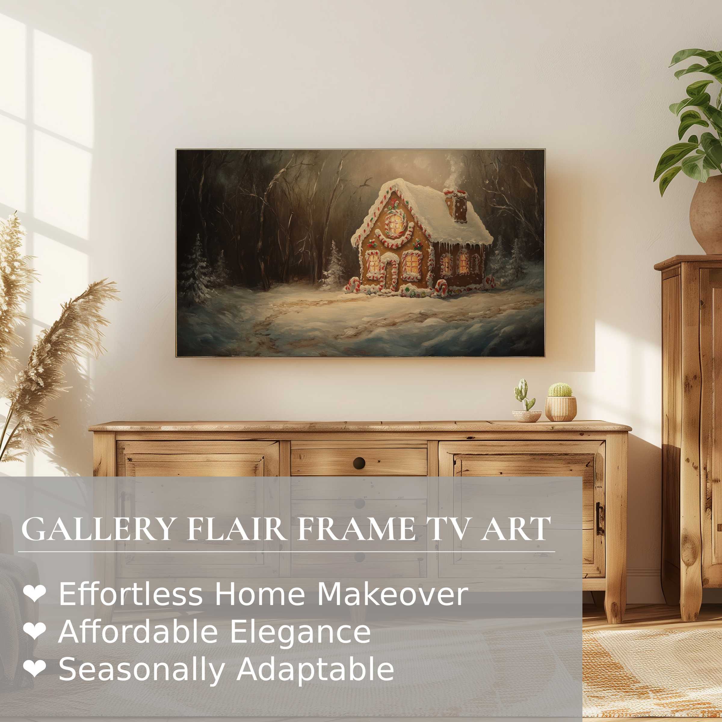 Samsung Frame TV displaying elegant christmas digital artwork of a cozy gingerbread house in a modern living room