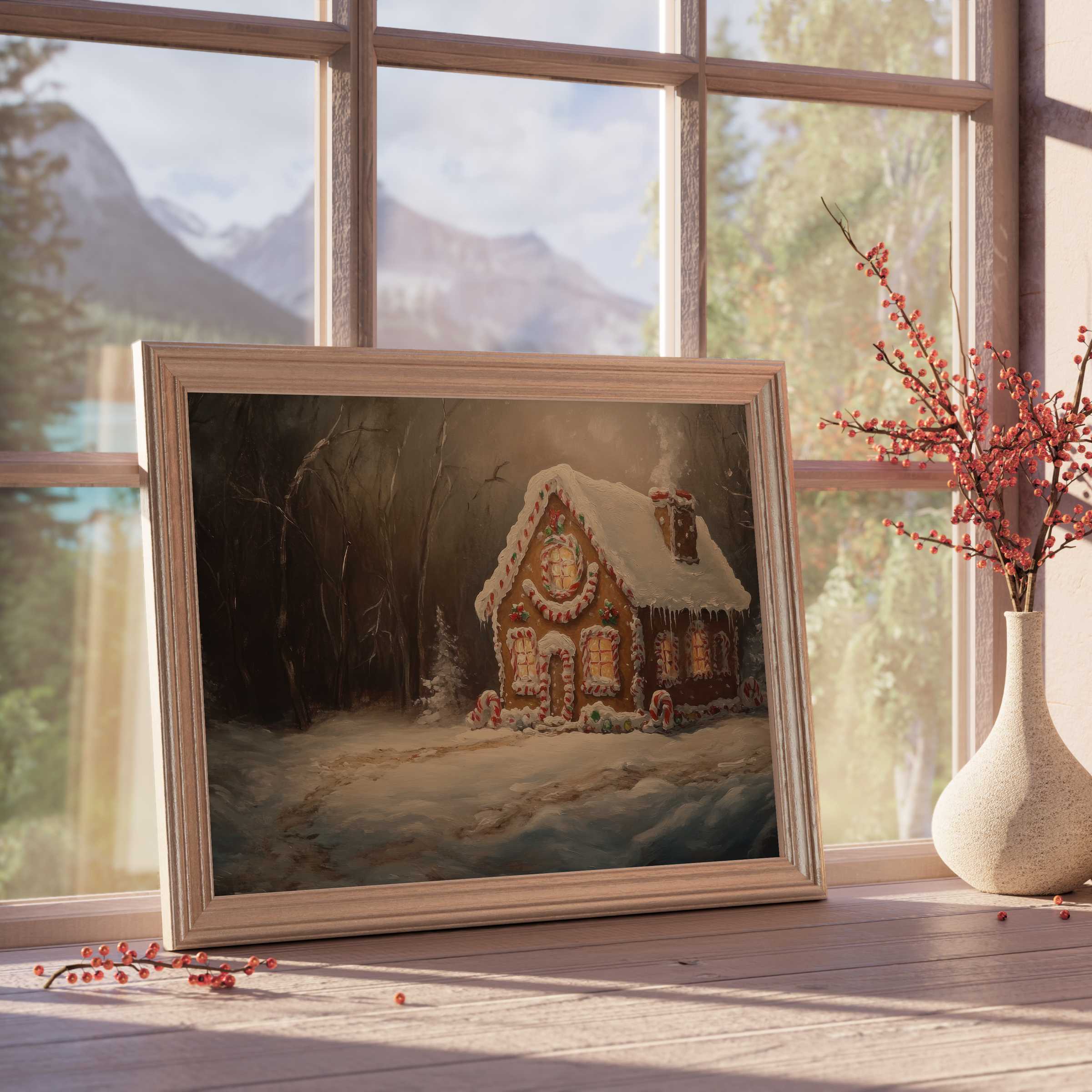 Christmas downloadable art featuring a warm, snow-kissed gingerbread house evoking cozy elegance for curated, tranquil interiors