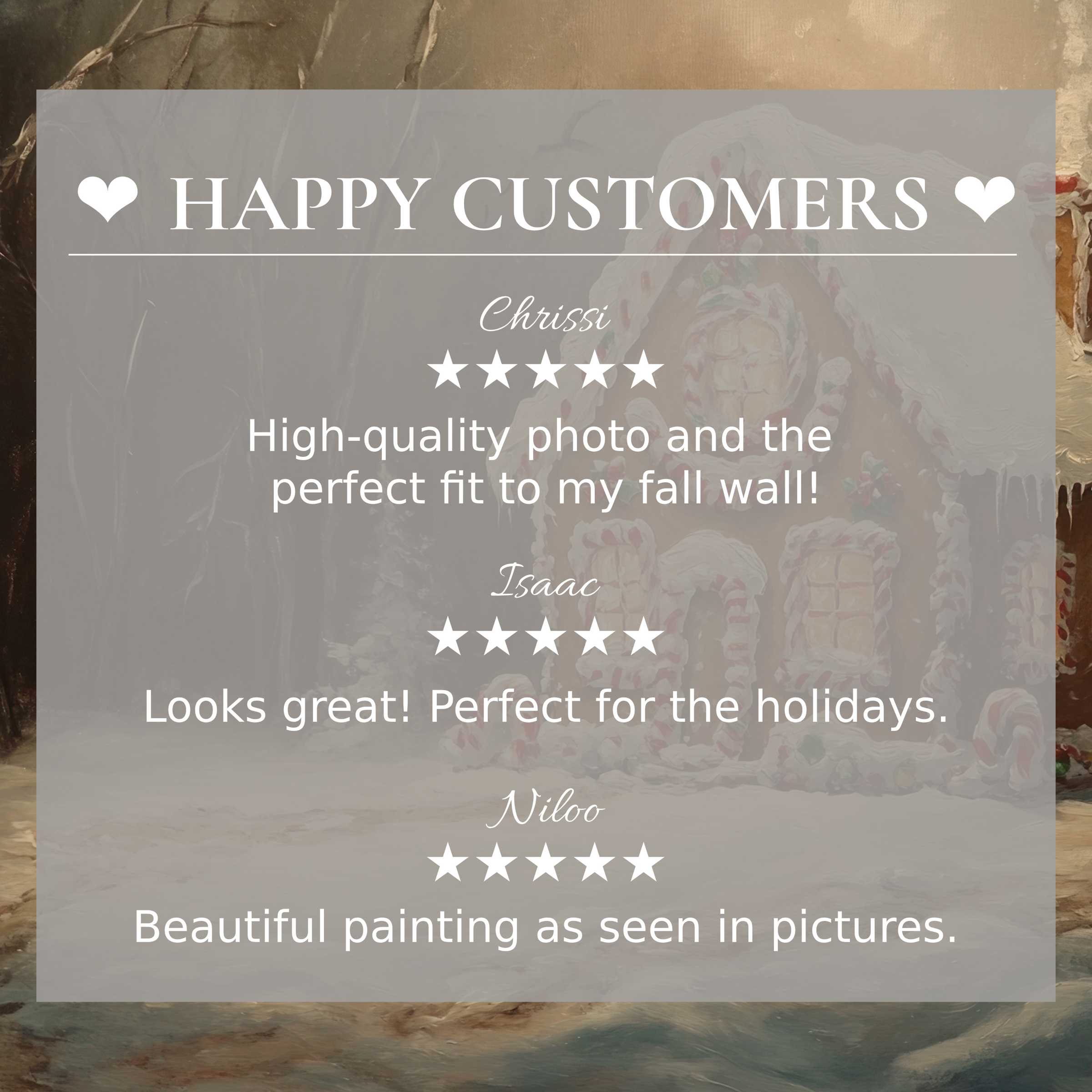 christmas art for Frame TV with abstract warm tones, featuring happy customer reviews and elegant, trustworthy design