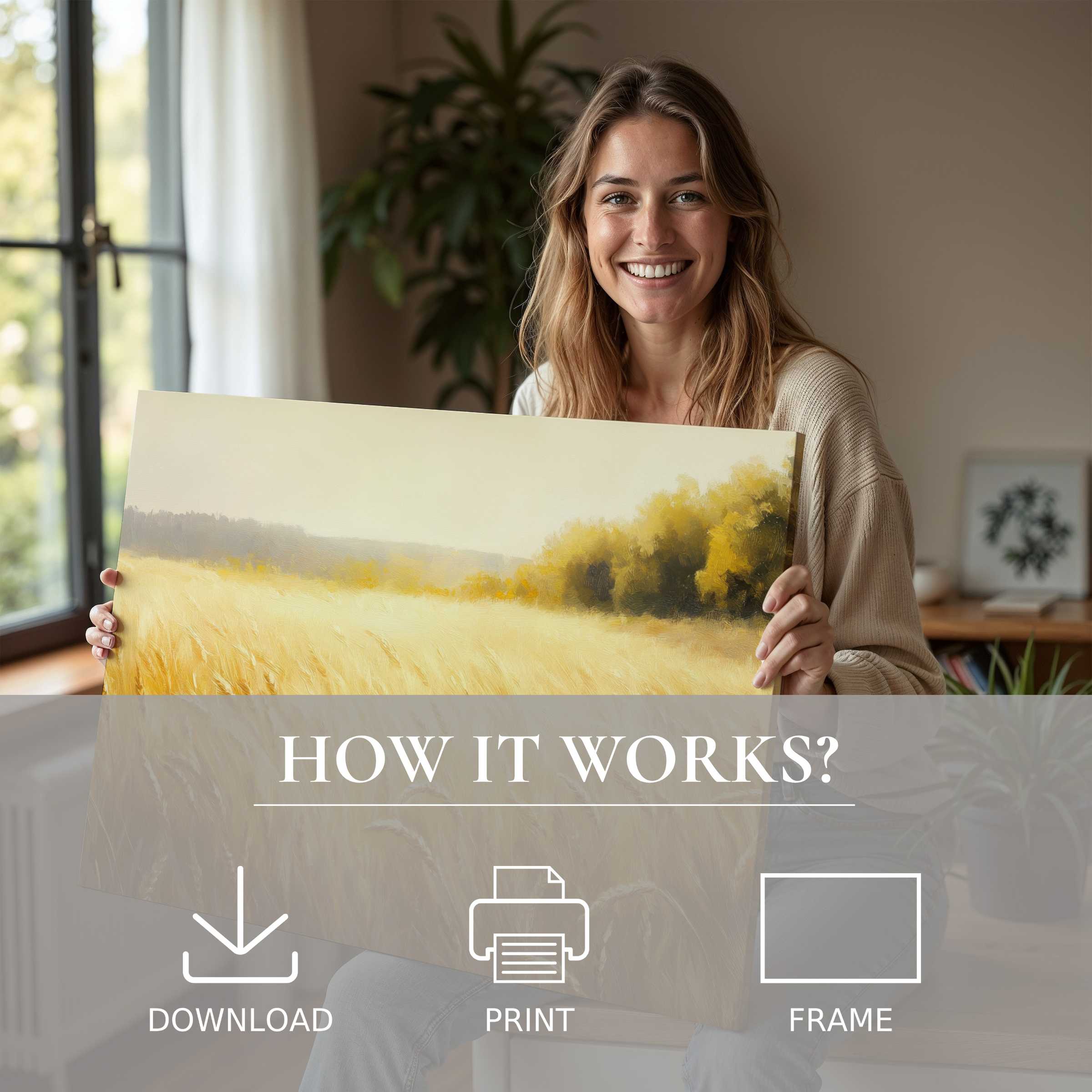 Woman joyfully embracing a landscape digital art print in soft golden tones, epitomizing effortless elegance in modern home decor
