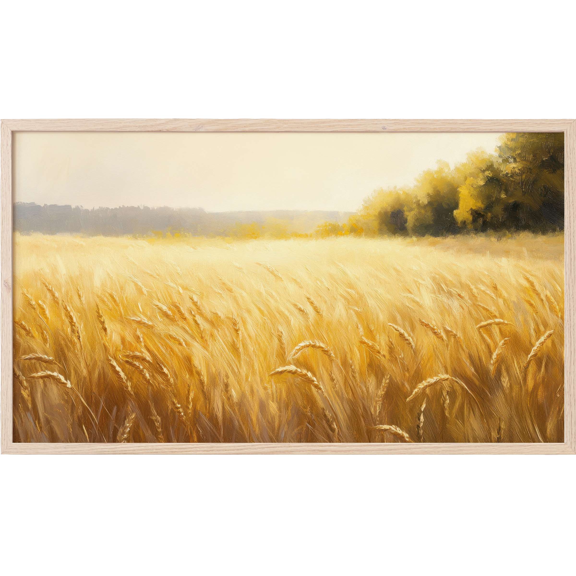 Serene golden wheat field with soft light and distant trees, warm tones in minimalist landscape Frame TV Art