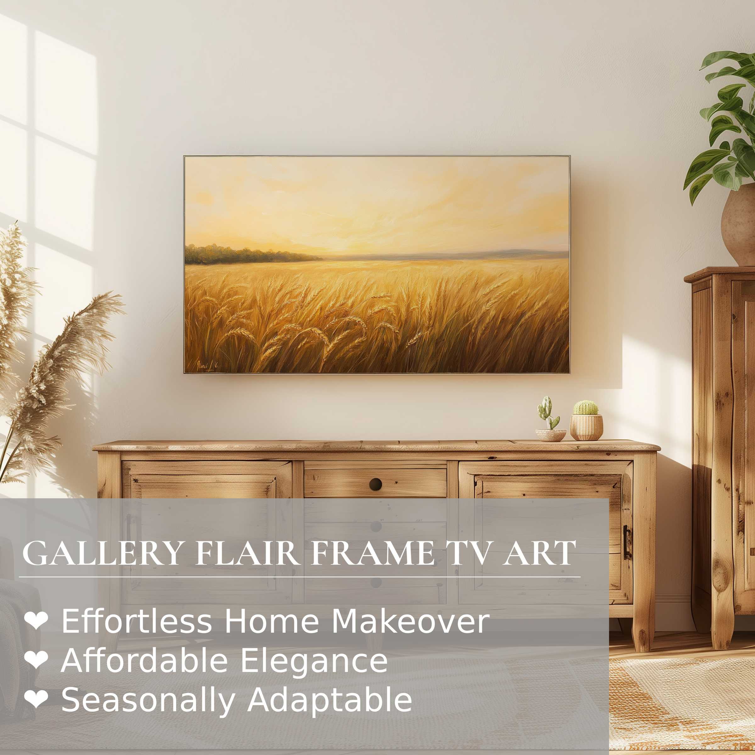 Samsung Frame TV showcasing warm summer digital artwork of golden wheat fields in a serene, modern setting