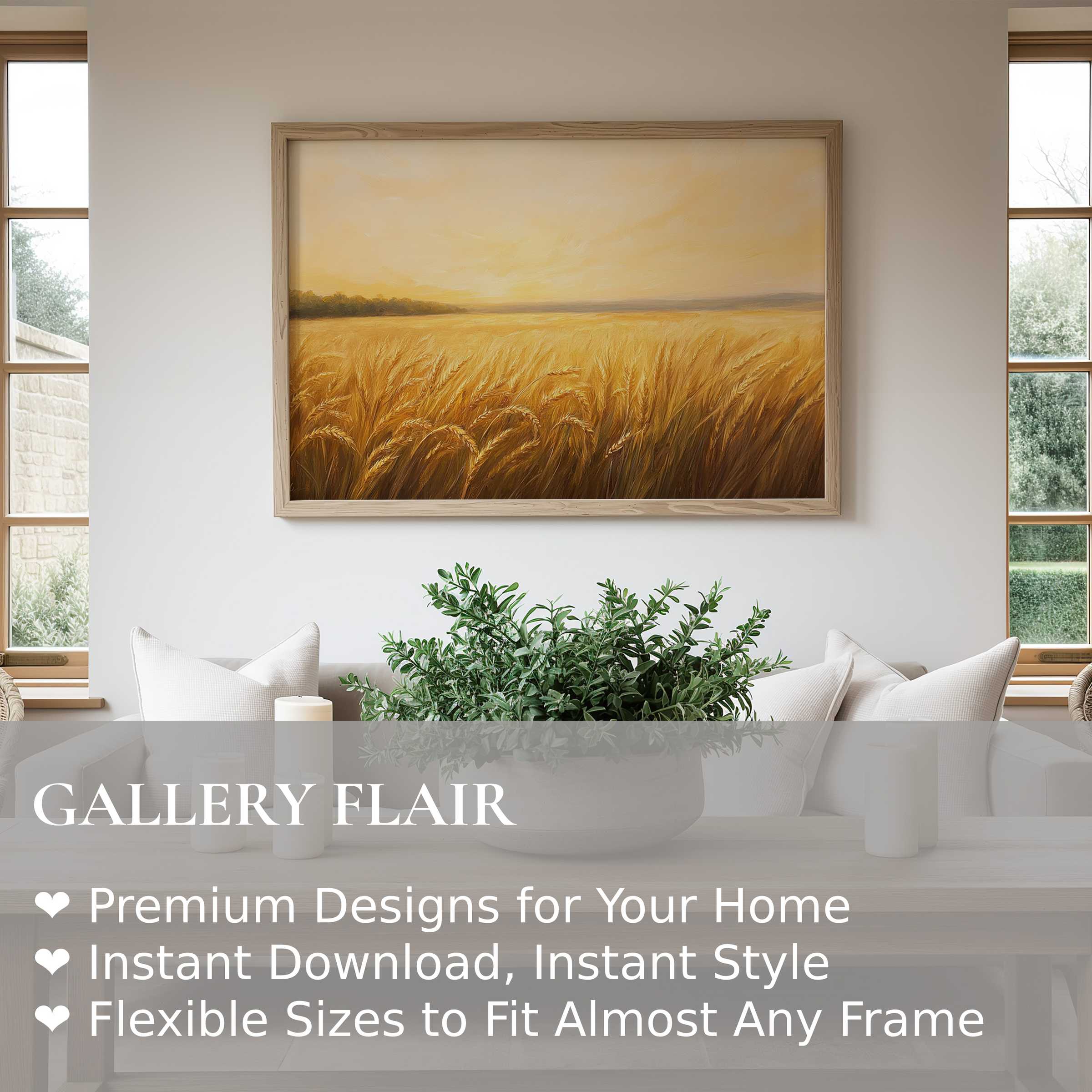 Radiant summer wall art print of golden wheat fields at sunset, enhancing modern minimalist interiors with warm, calming natural elegance