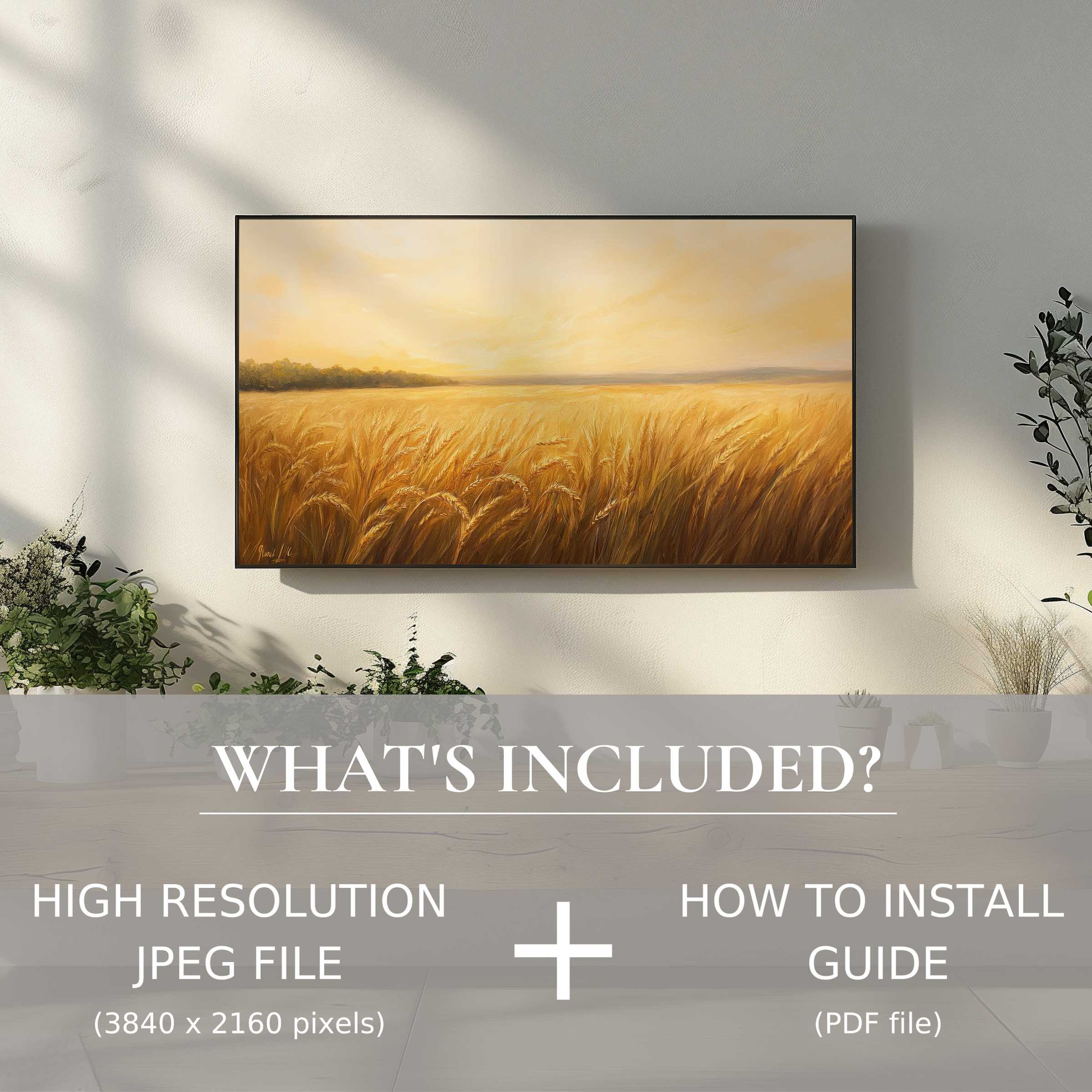 Elegant summer digital TV art download showcasing golden wheat field, easily enhancing any modern living space