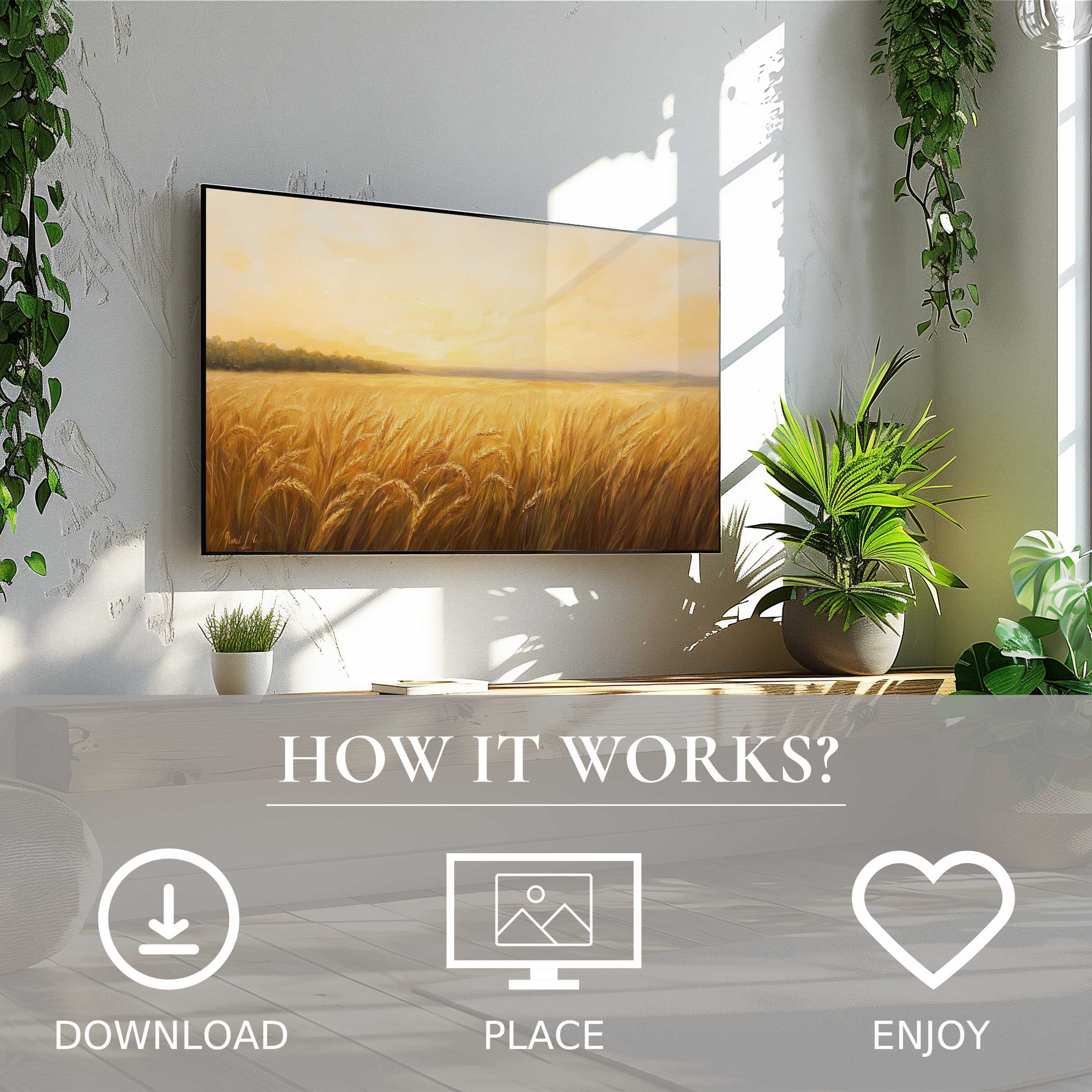 Summer art for Samsung TV showing soft sunset tones over golden wheat fields; easy digital download enriches modern spaces