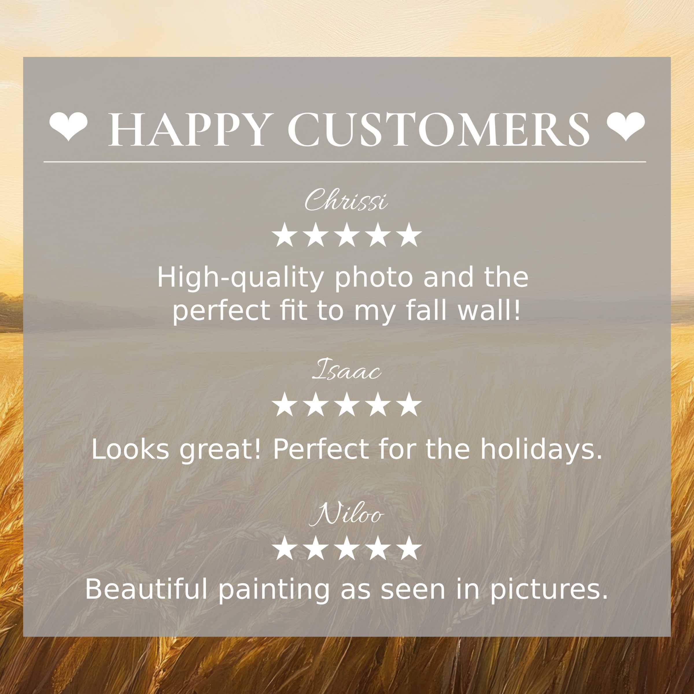 Summer art for Frame TV with abstract sunset hues, showcasing happy customer reviews in an elegant, trust-building layout