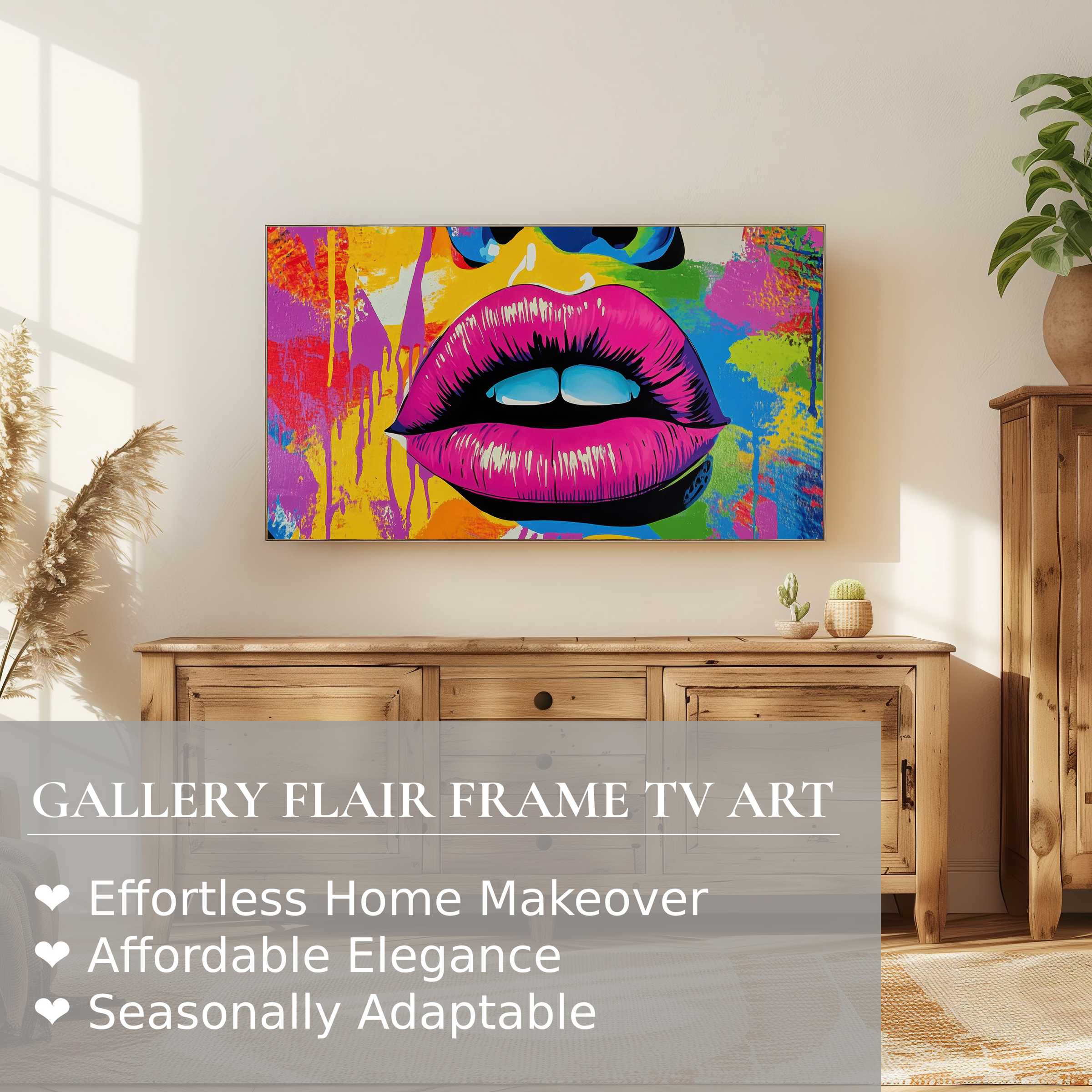 Vibrant pop art digital artwork of lips on Samsung Frame TV in a sunlit, minimalist rustic living room setting
