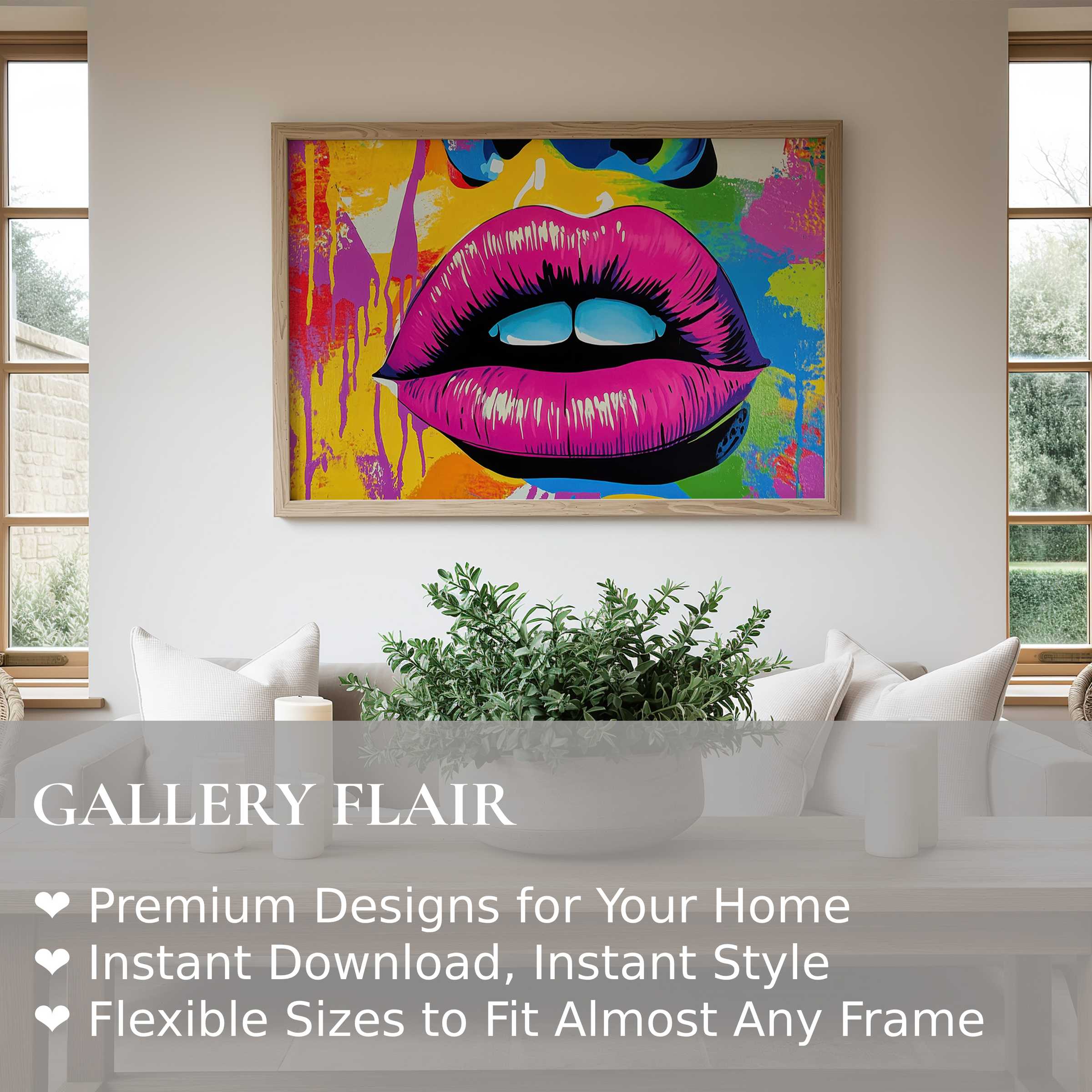 Pop art wall art print featuring bold, radiant lips in vibrant hues, elevating modern minimalist interiors with edgy, colorful flair