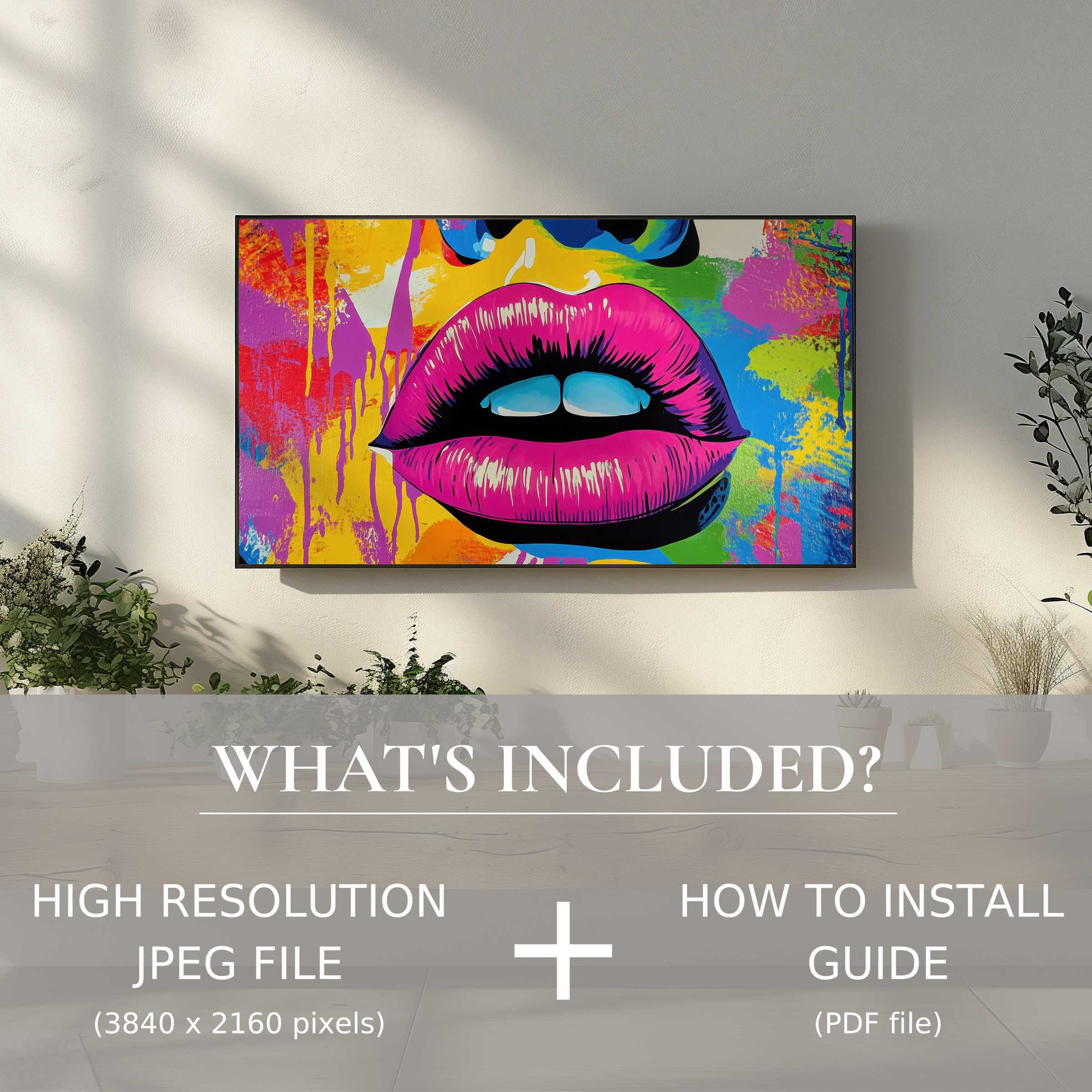 Pop art digital TV art download, vibrant lips brighten any room with easy download and instant style upgrade