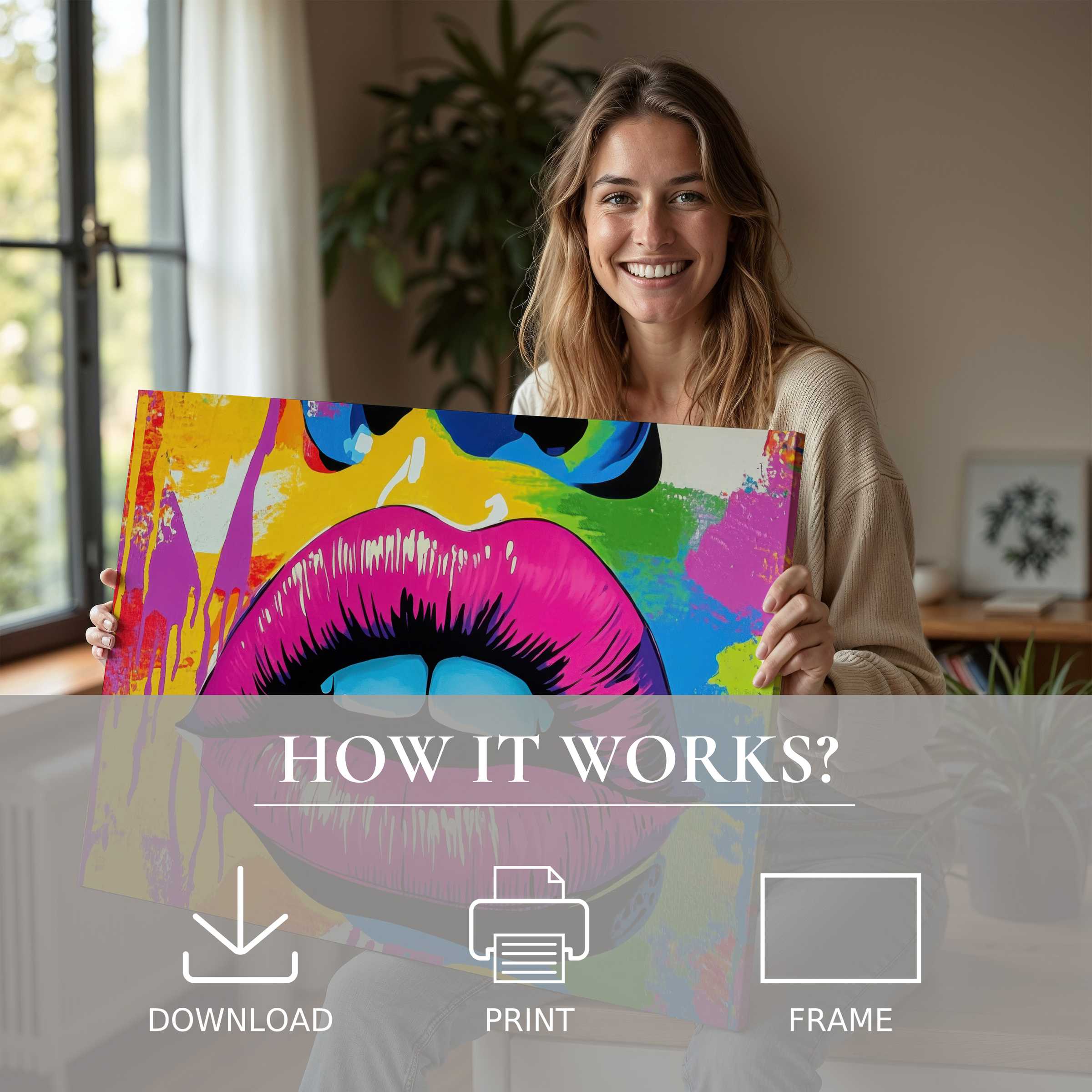 Bright pop art digital art print held by a joyful woman in a serene, stylish home, celebrating art’s vibrant connection and ease