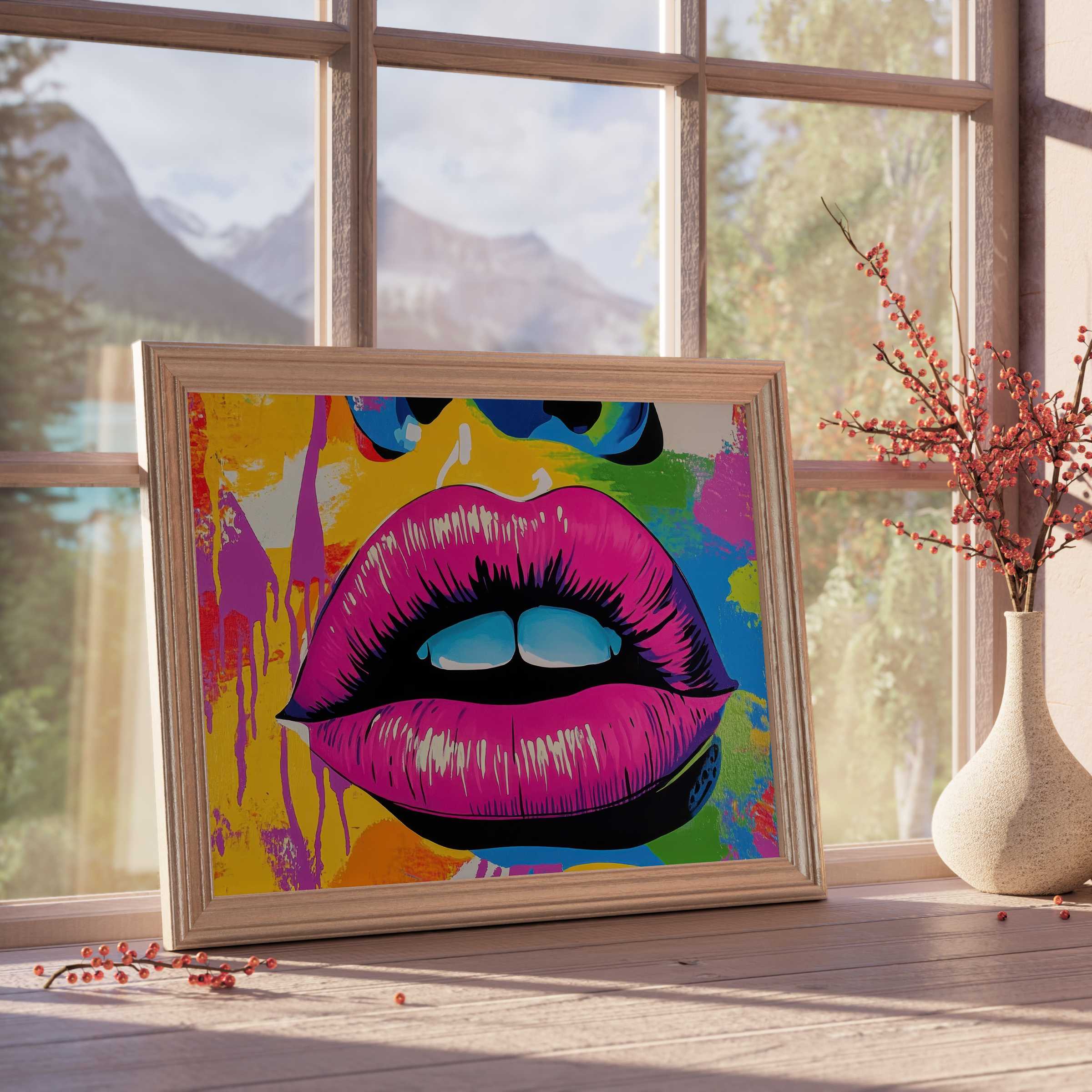Vibrant pop art downloadable art with bold pink lips and dynamic splashes, elevating curated modern interiors with edgy charm