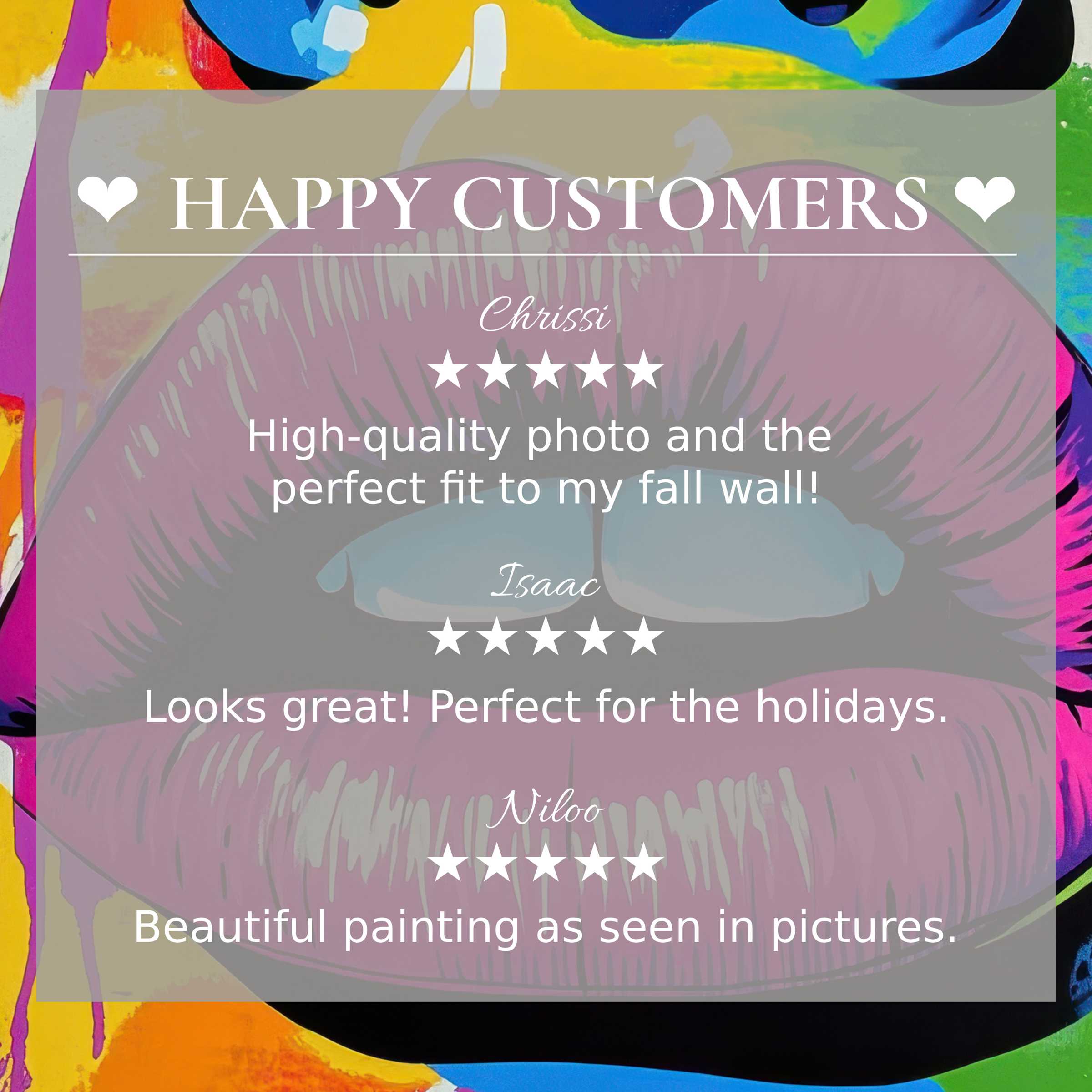 Pop art for Frame TV with abstract sunset hues, showcasing happy customer reviews and sleek, elegant trust-building design