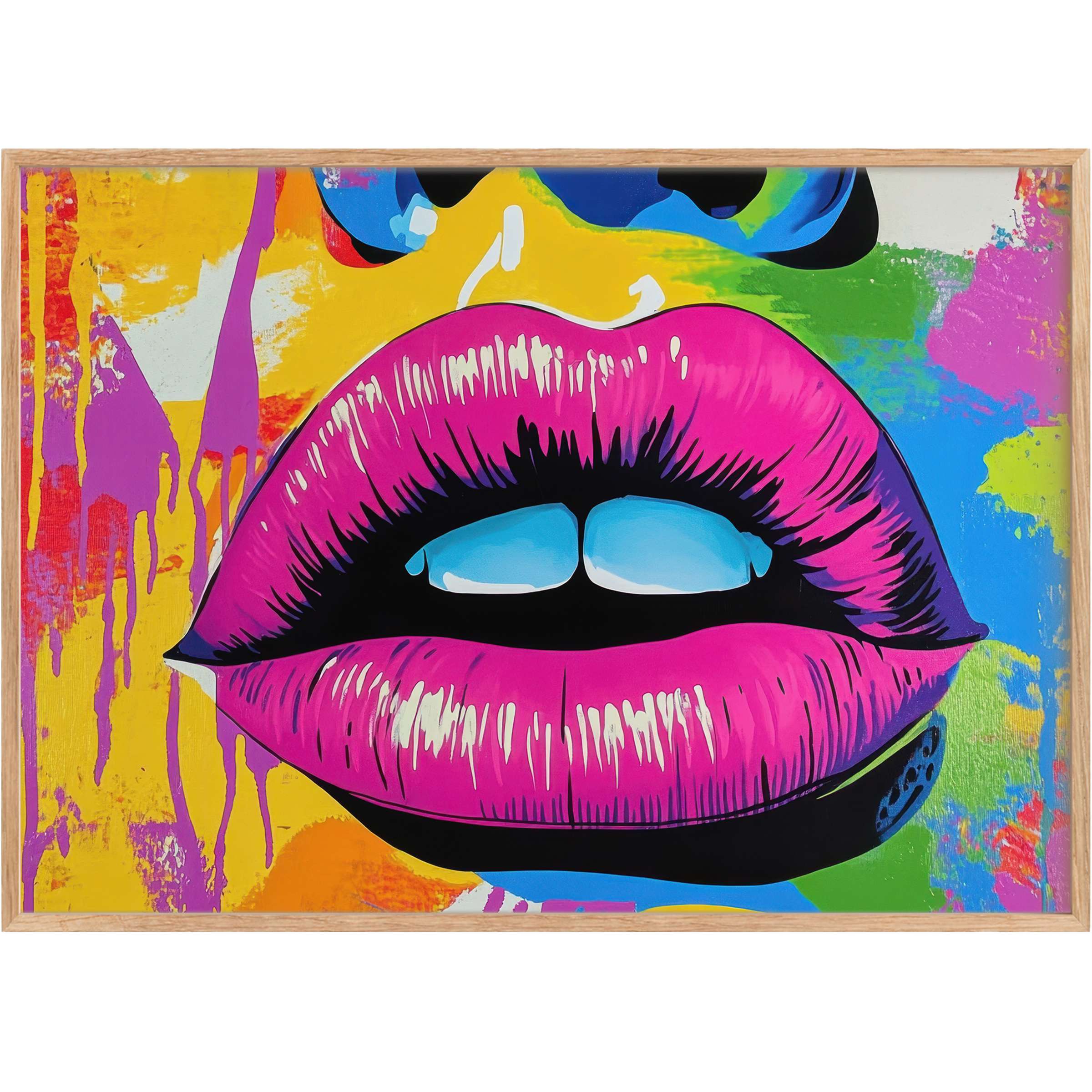 Vibrant pop art printable wall art with bold pink lips and electric blues, radiating urban energy and daring style