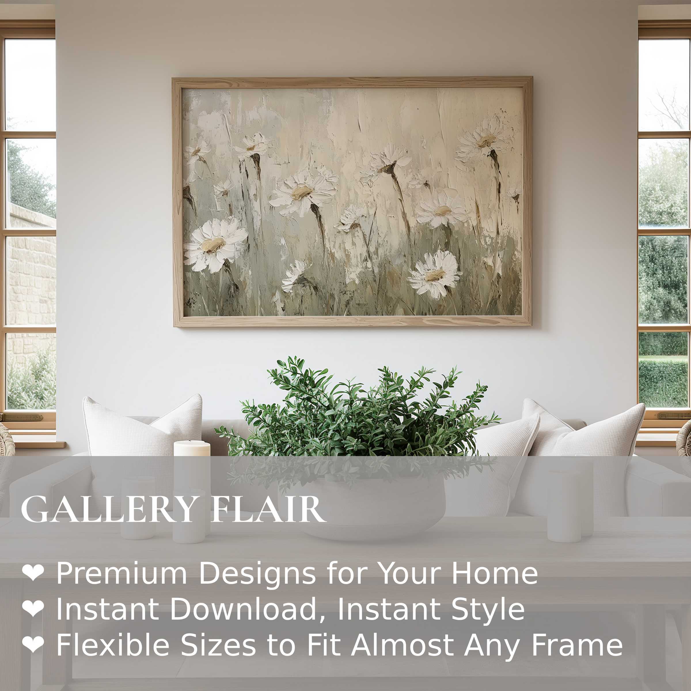 Vintage wall art print with textured daisies in muted earth tones, elevating serene, modern rustic interiors with timeless elegance and calm
