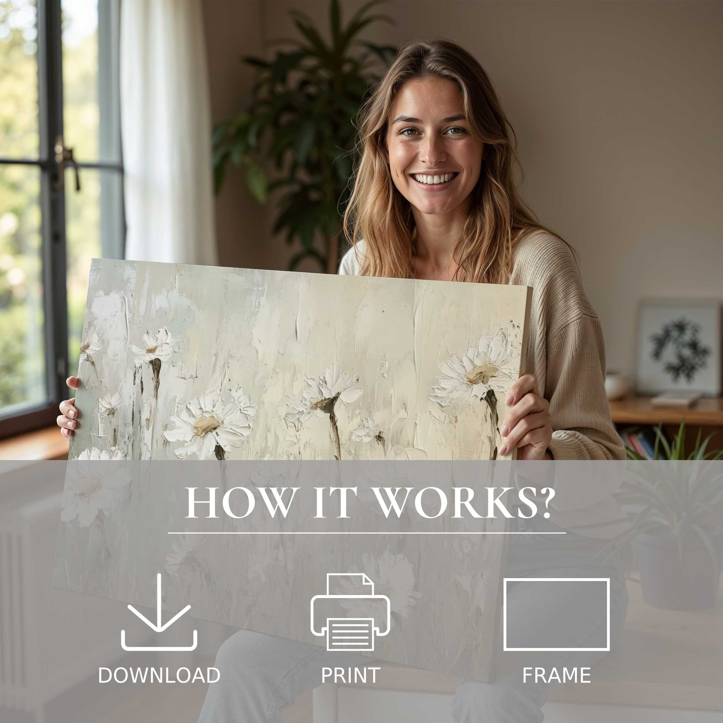 Radiant joy embraces a vintage digital art print in a stylish modern home, where timeless beauty transforms everyday living