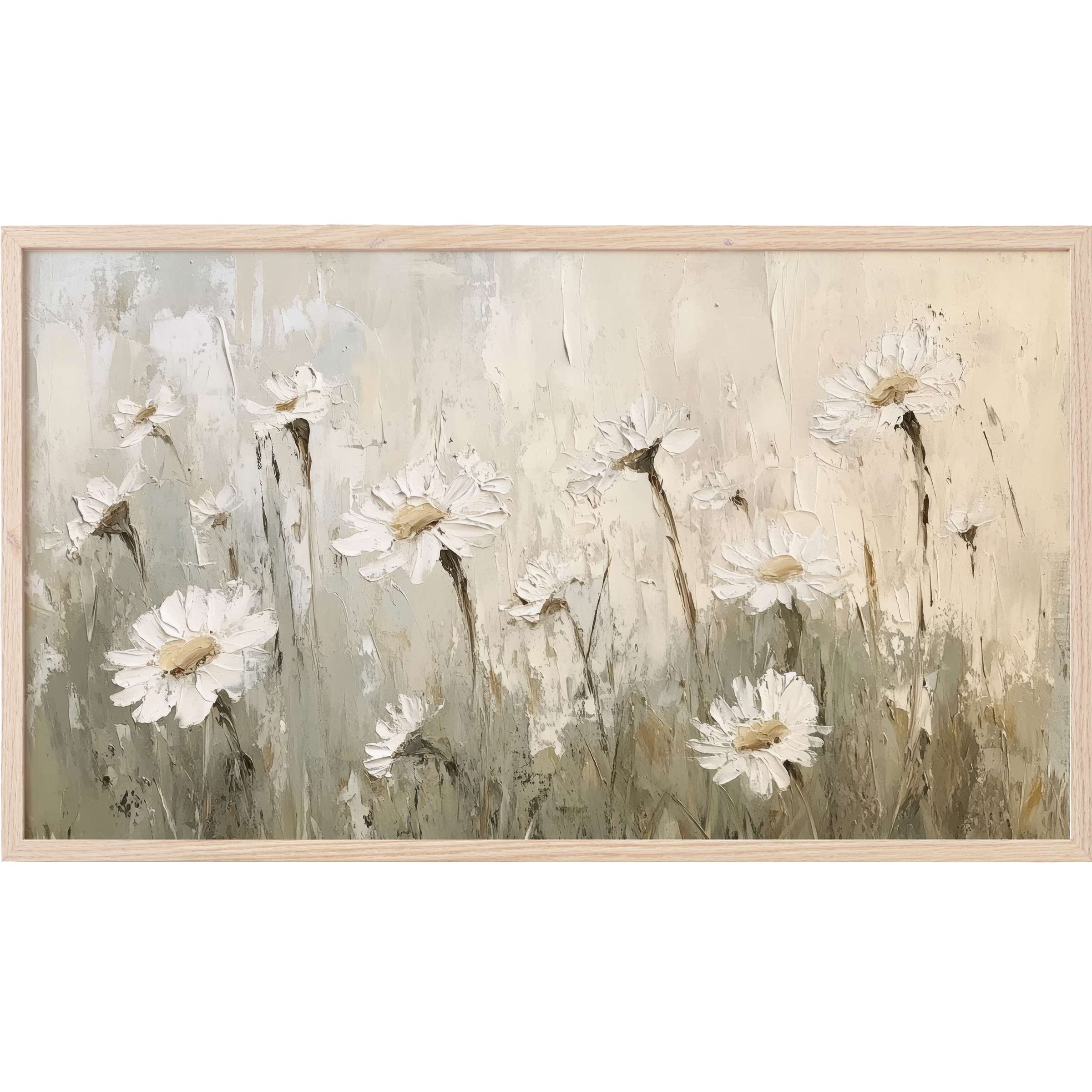 Elegant vintage Frame TV Art with textured white daisies in soft beige and green tones, perfect for refined home decor