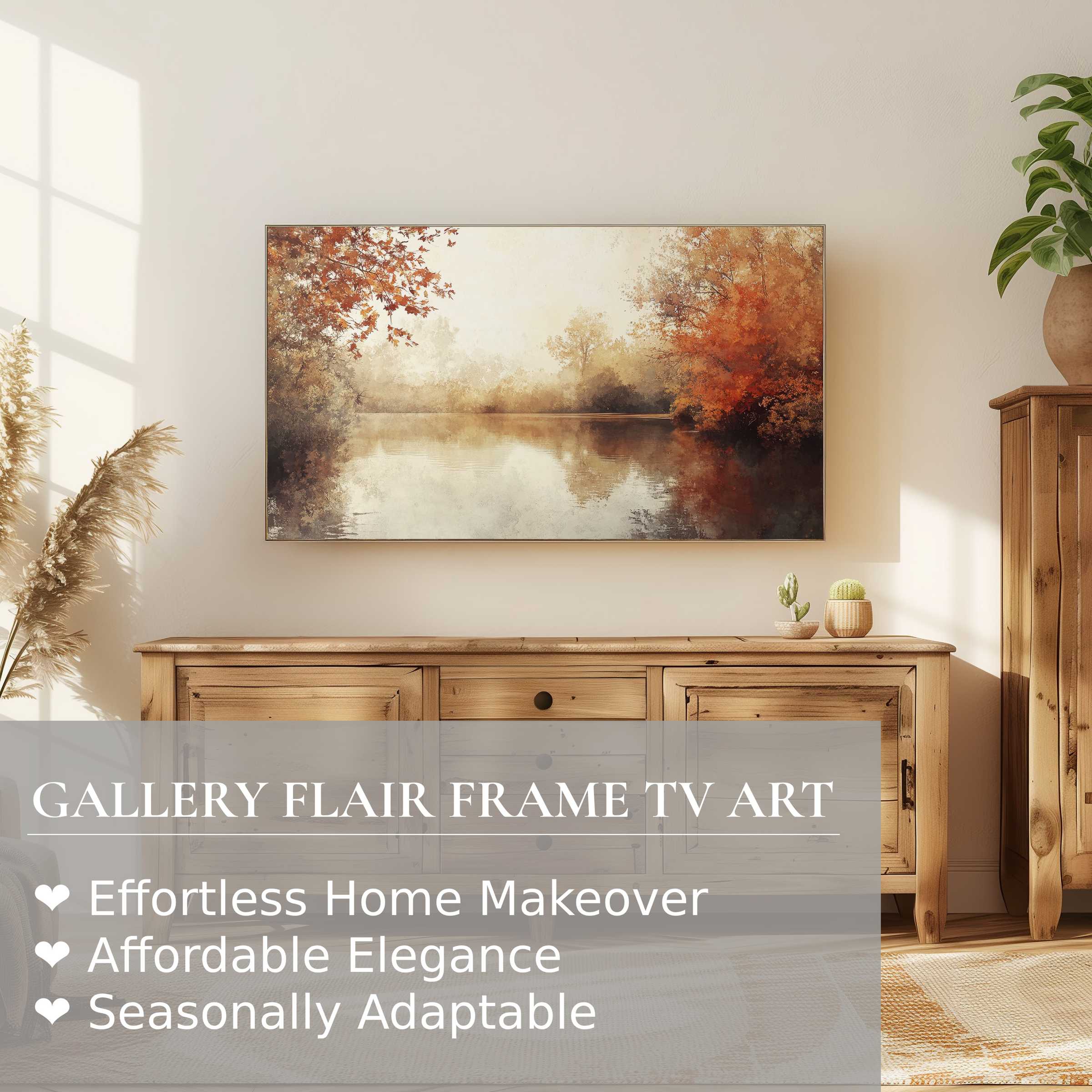 Samsung Frame TV showcasing serene fall digital artwork with warm earth tones in a modern, elegant living space