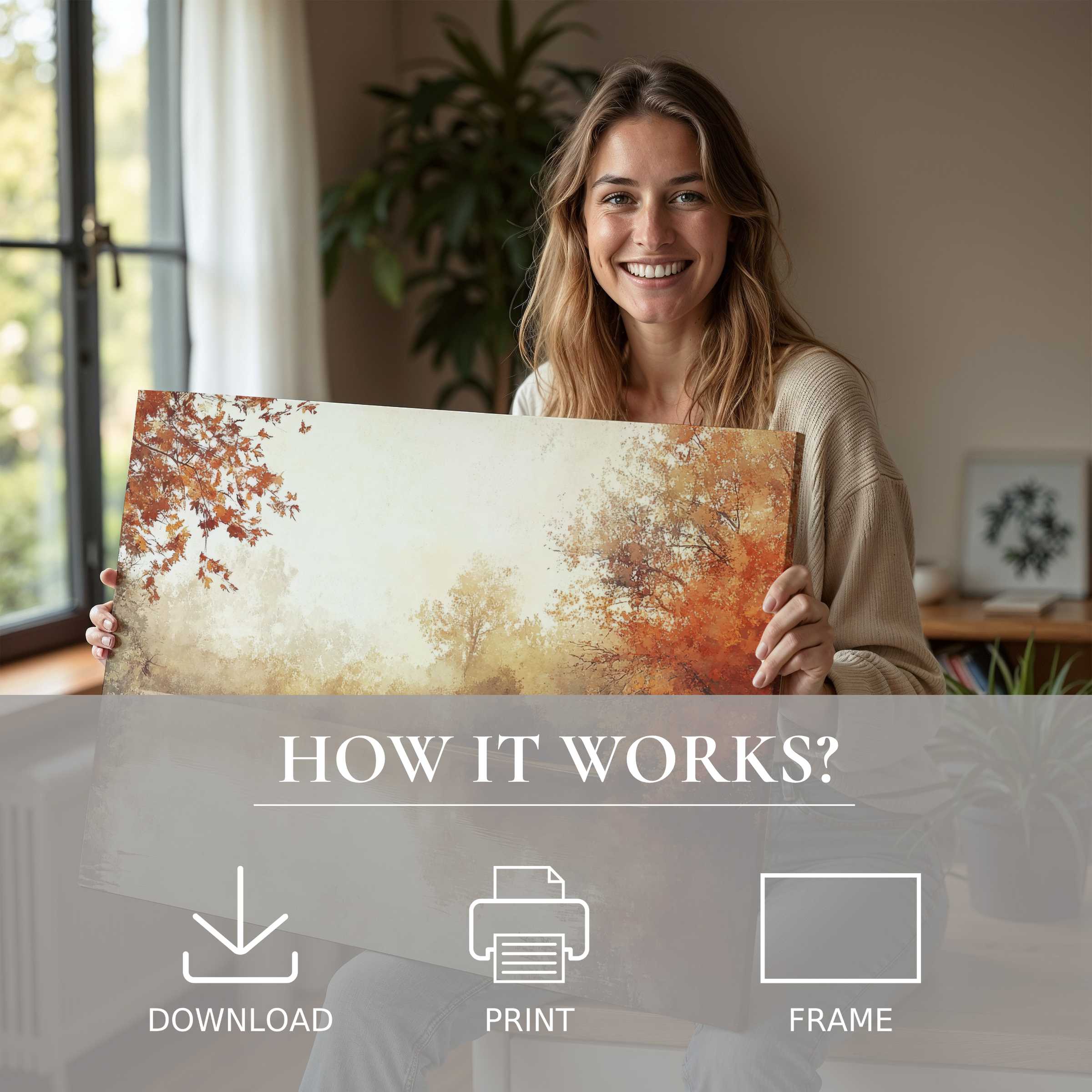 A woman’s warm smile reveals the joy of bringing fall digital art print into her modern home, blending effortless beauty with peaceful autumn hues