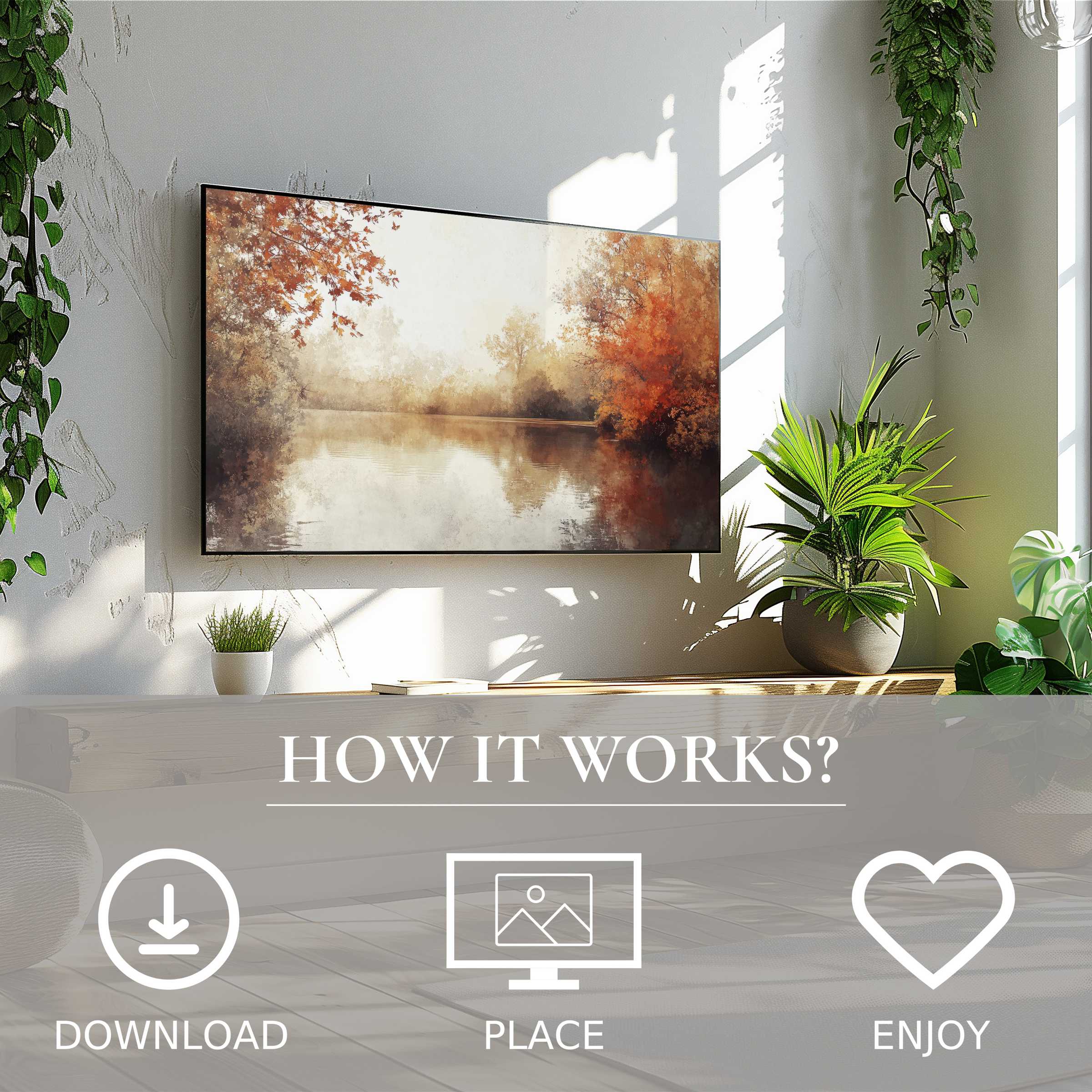 Fall art for Samsung TV: digital download with soft autumn tones enhancing a bright, plant-filled modern living space