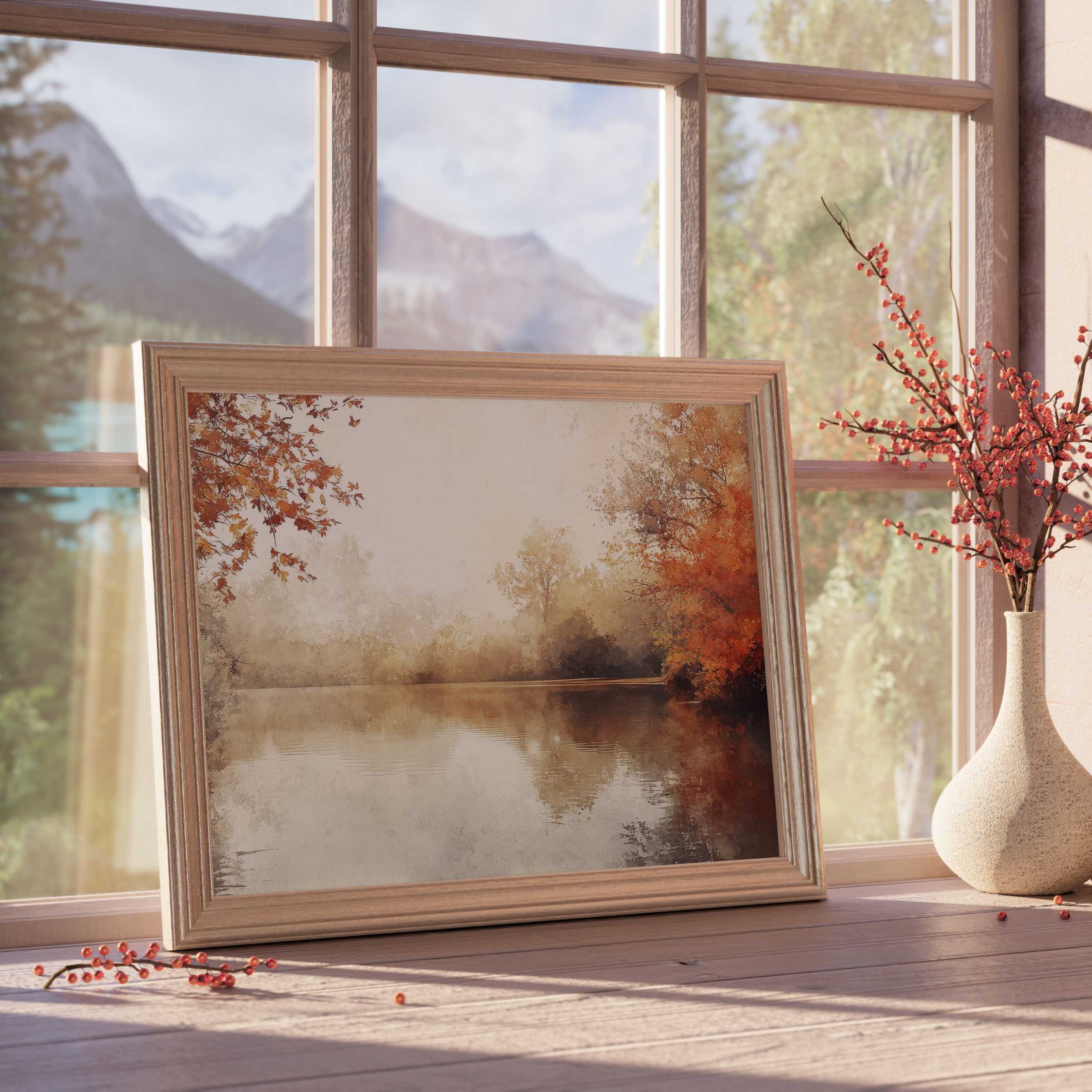 Fall downloadable art capturing serene lakeside reflections with warm amber hues, perfect for elegant, tranquil interiors