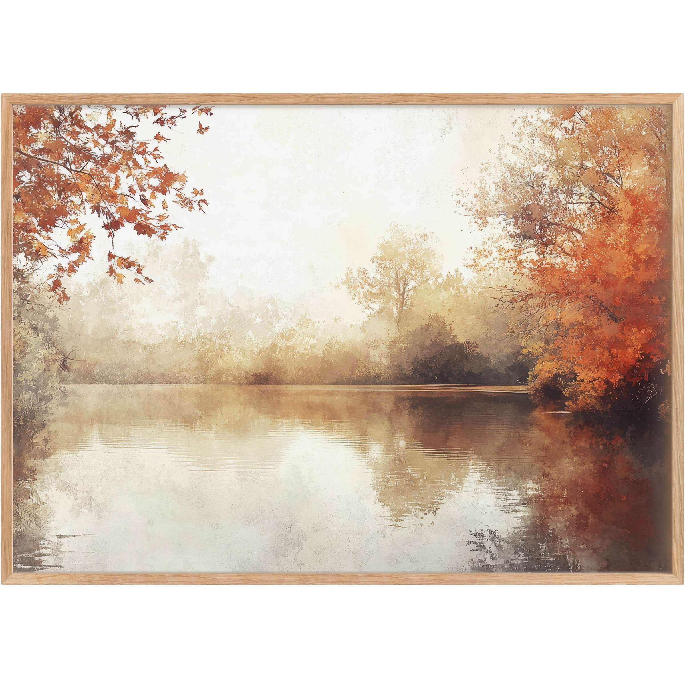 Serene fall printable wall art capturing amber and rust foliage beside a mist-kissed lake, evoking tranquil, warm elegance
