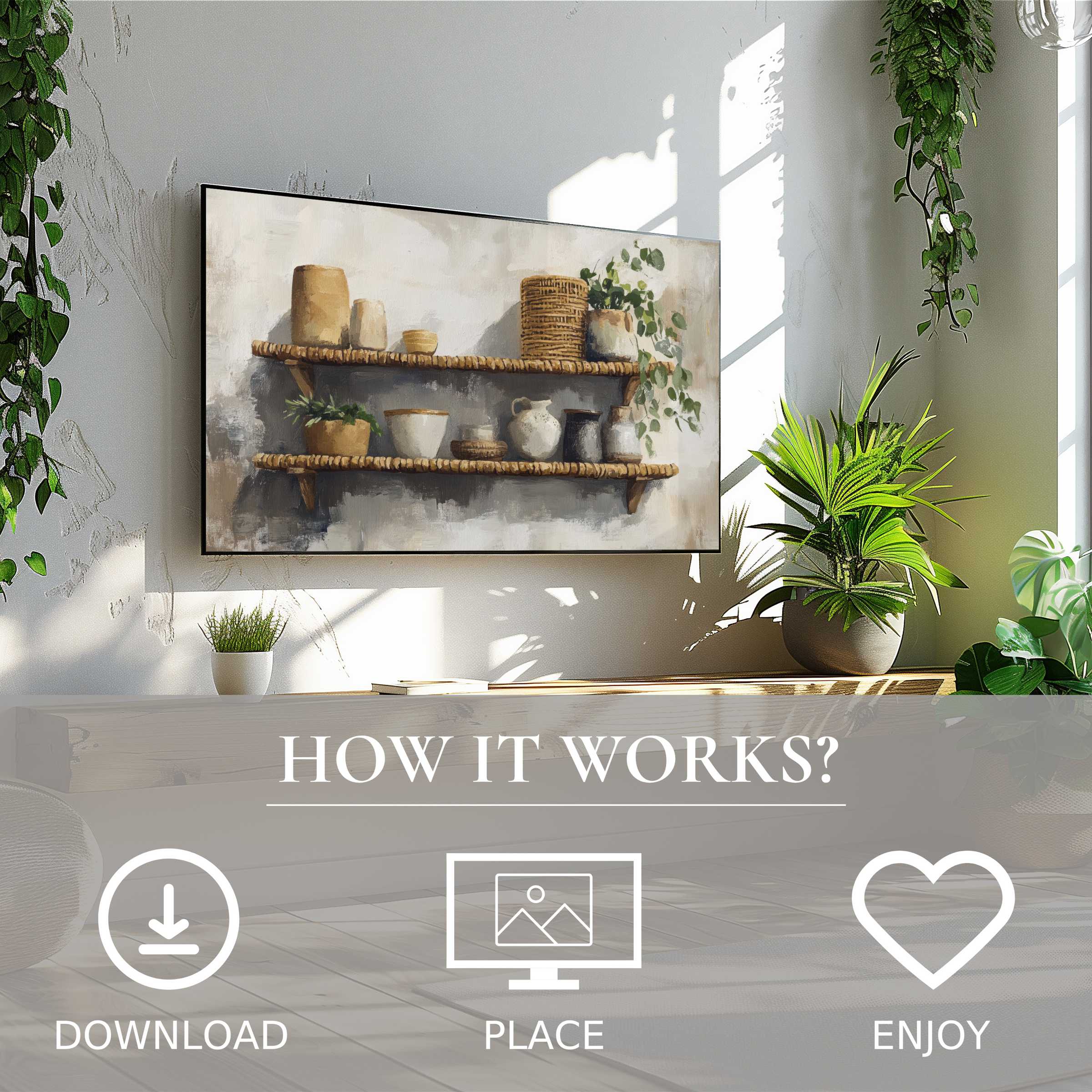 Boho art for Samsung TV with earthy tones and basket shelves, easy digital download enhances modern living spaces