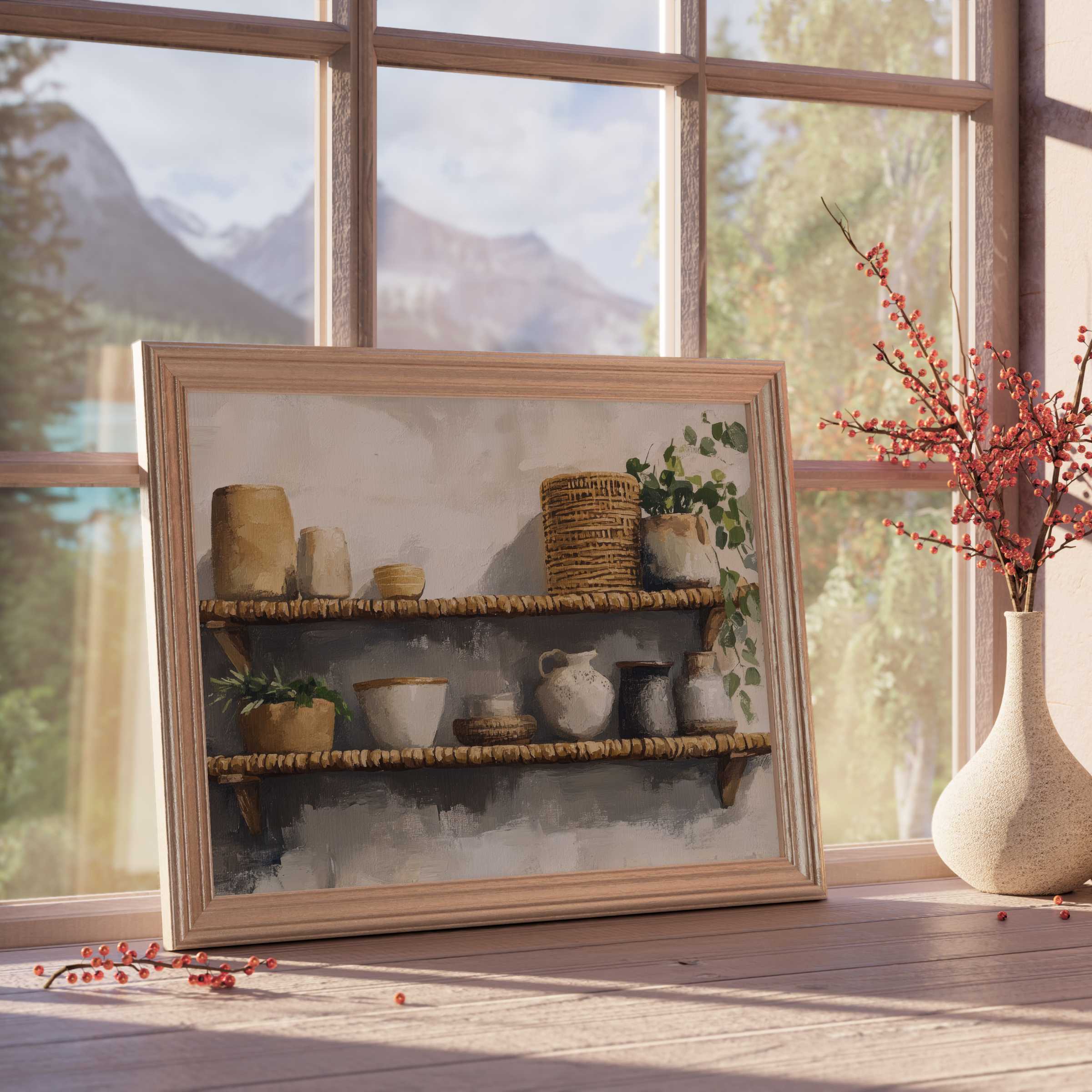 Boho downloadable art featuring textured earth-tone ceramics and woven baskets, evoking calm, curated elegance in tranquil interiors