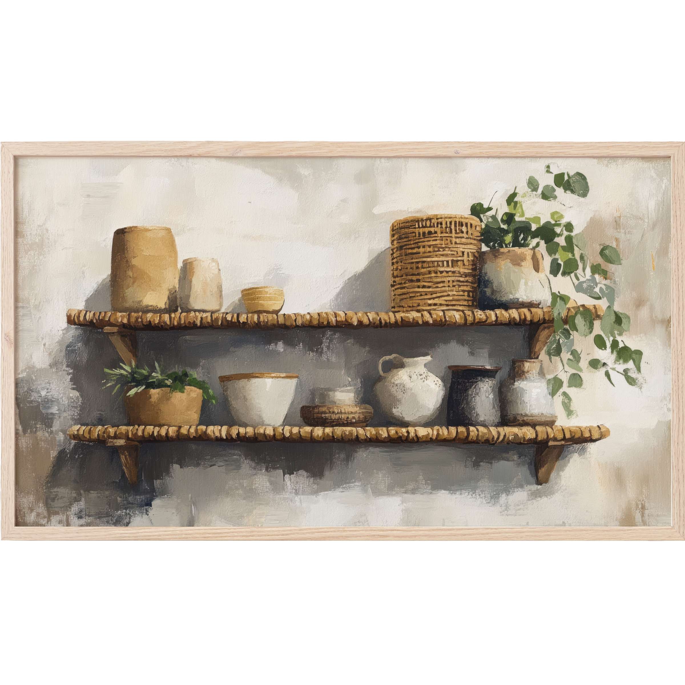 Boho Frame TV Art showcasing earthy ceramics and greenery on woven shelves in soft, neutral tones for modern elegance