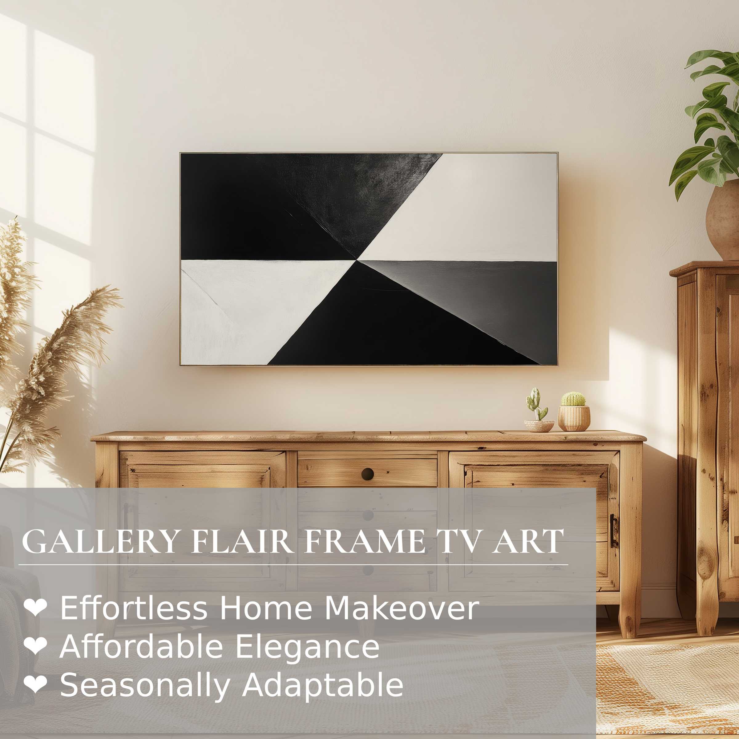 Samsung Frame TV showcases modern digital artwork in a chic, minimalist living space with natural wood tones and warm light