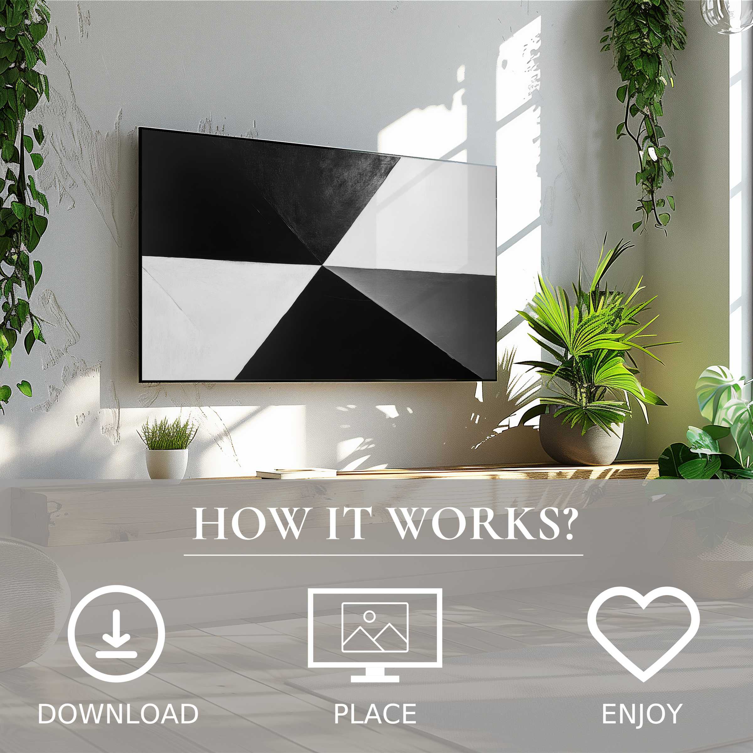 Modern art for Samsung TV with bold black and white geometric motif; easy digital download to elevate your space