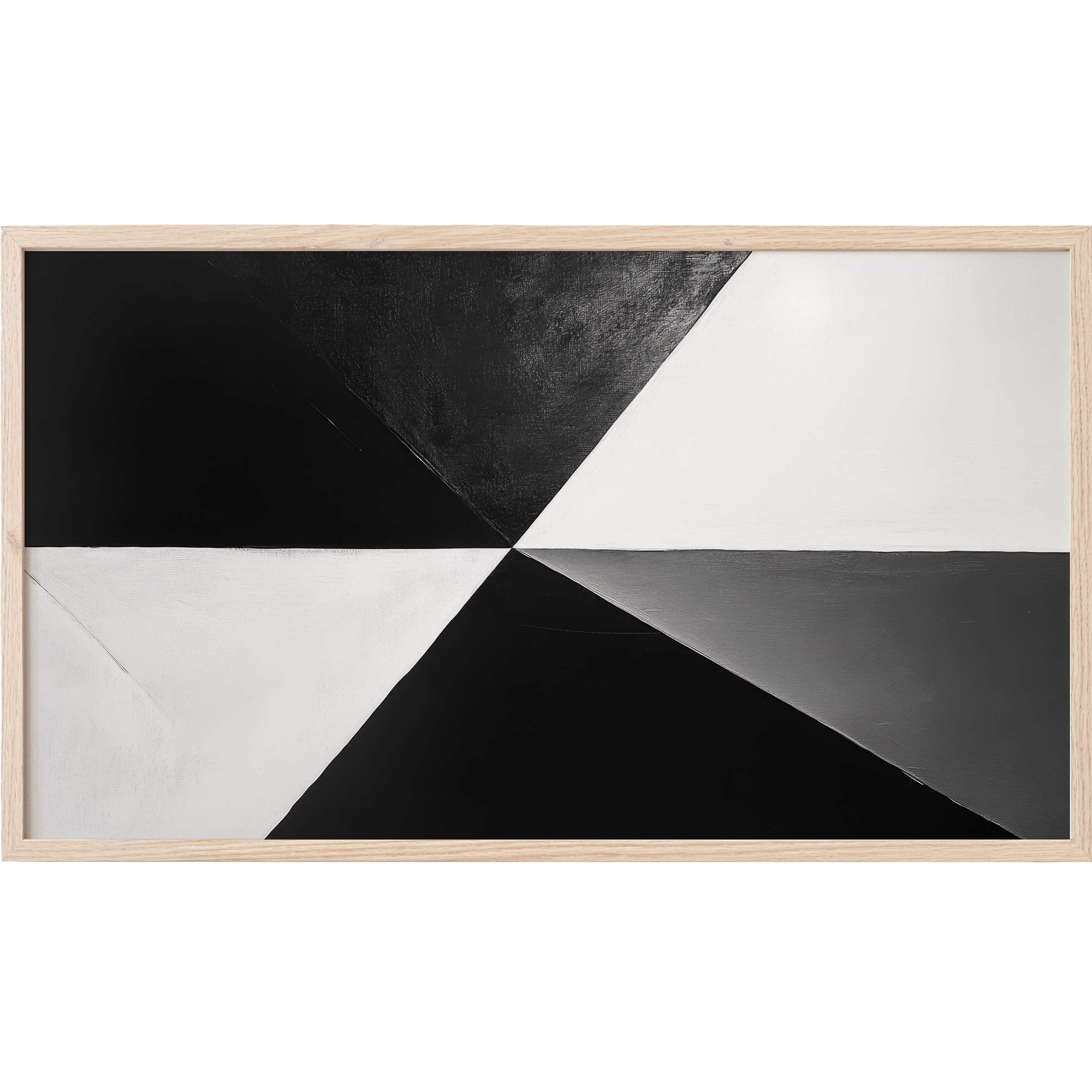 Elegant modern Frame TV Art with intersecting black, white, and gray geometric triangles in sleek contrast