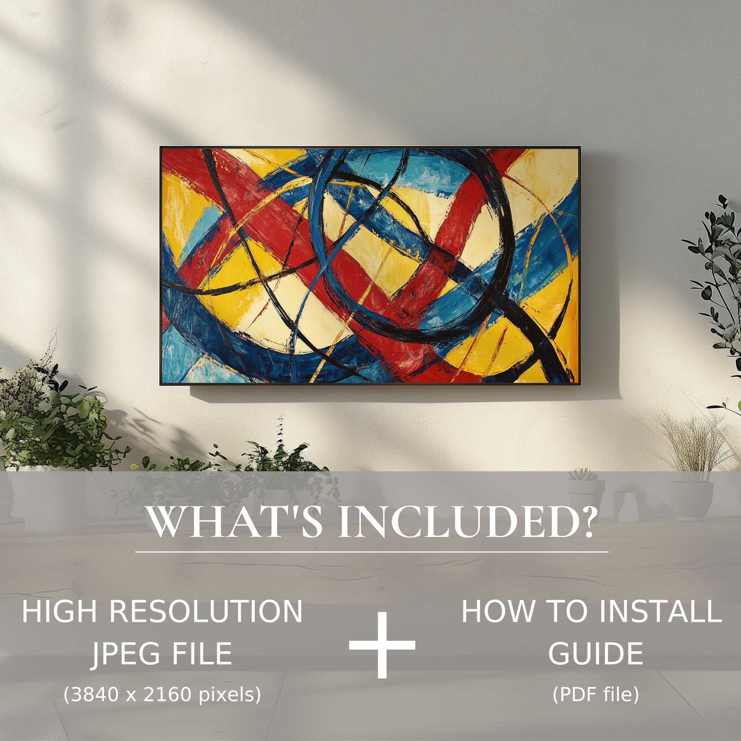 Elegant living space with bold abstract digital TV art download, easy digital use enhancing modern decor style