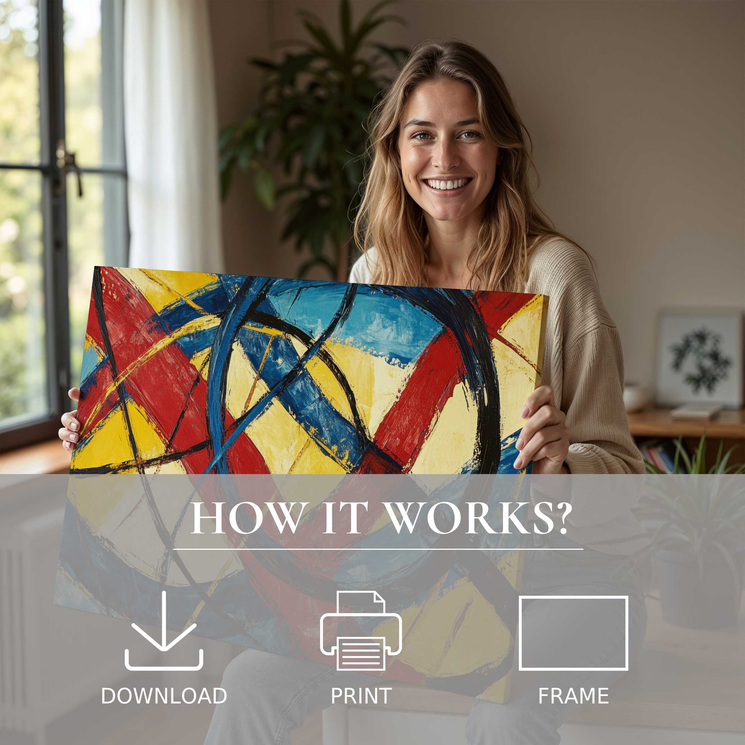 Radiant connection with abstract digital art print, enriching modern living with effortless elegance and joyful creativity