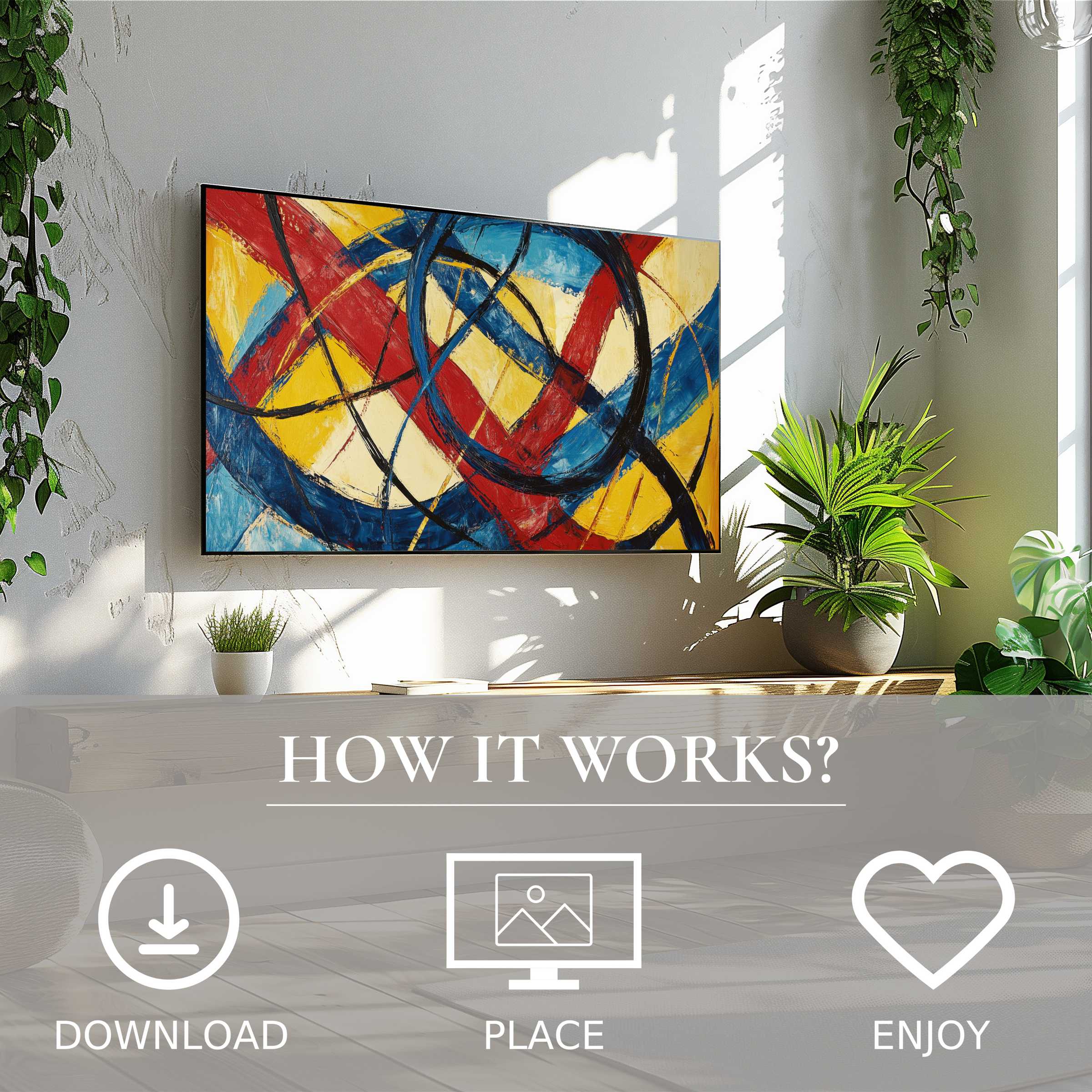 Abstract art for Samsung TV: vibrant color flow in red, blue, yellow on Frame TV, easy digital download, enhances modern living space