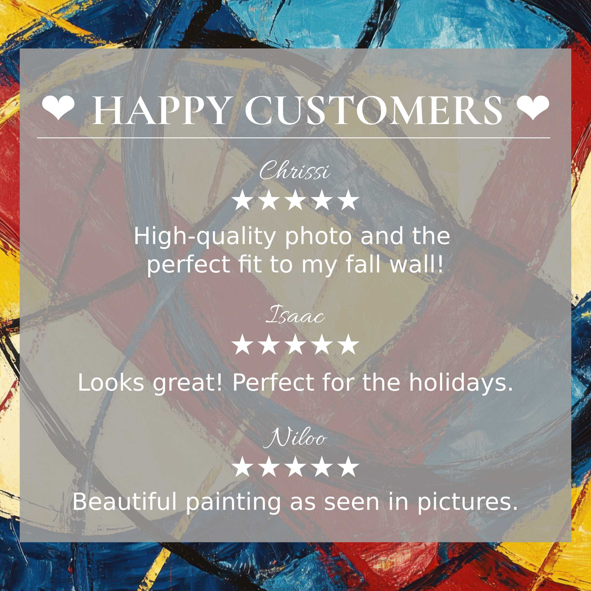 Abstract art for Frame TV with vibrant sunset hues; design showcases happy customer reviews and elegant trust-building layout