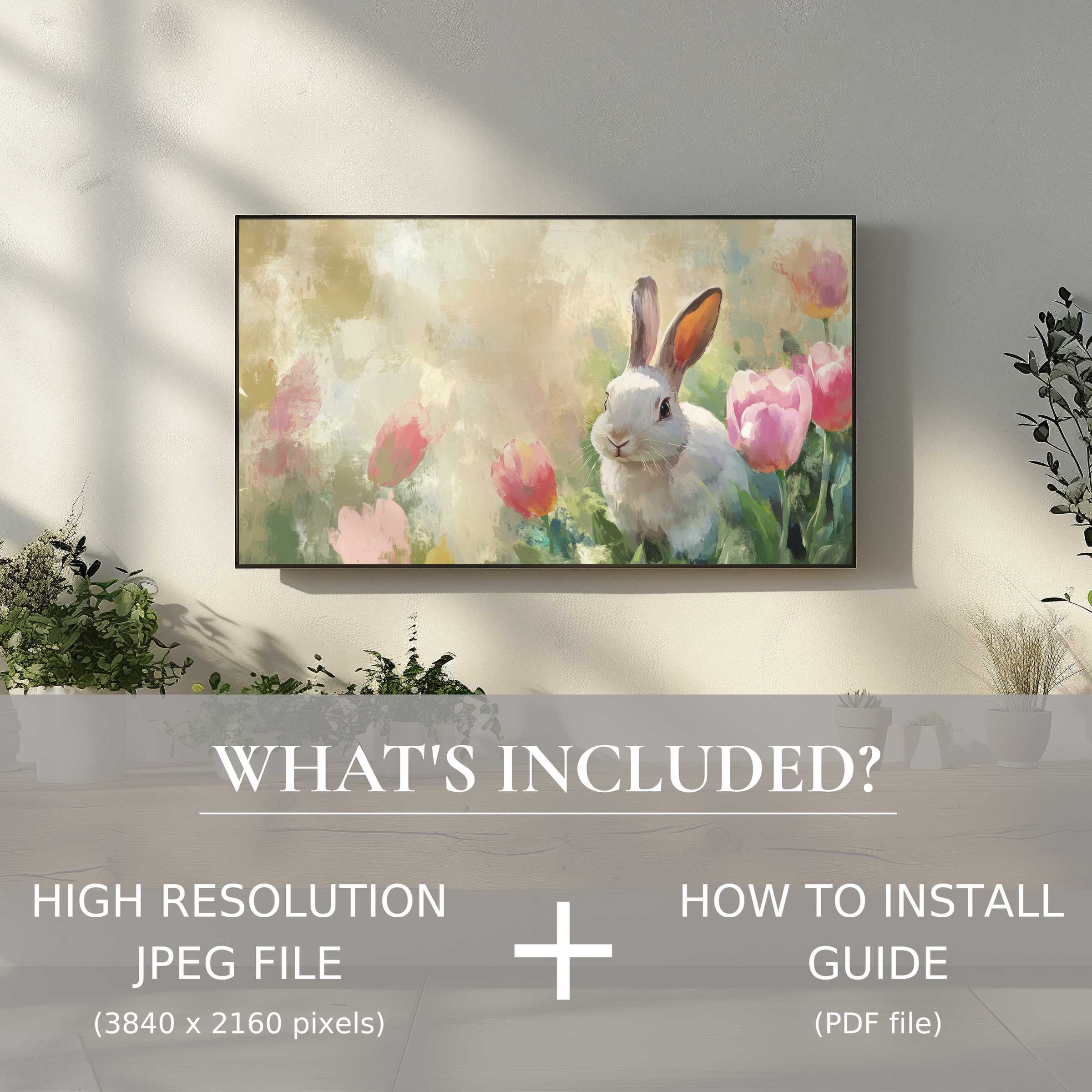 Elegant living space enhanced by easter digital TV art download, featuring easy digital use and floral bunny charm