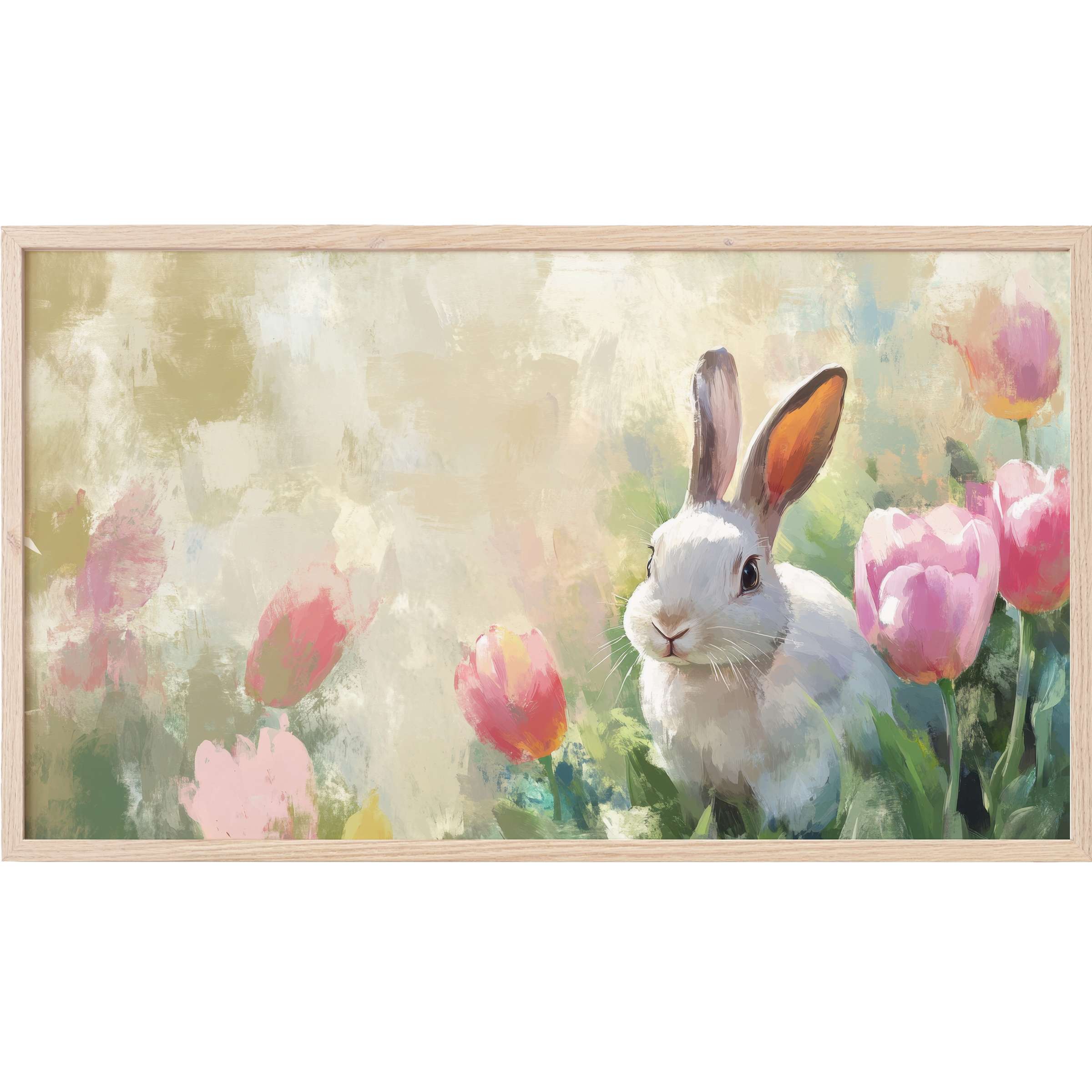 Elegant easter Frame TV Art featuring a soft pastel palette with a white bunny among pink tulips in impressionist style