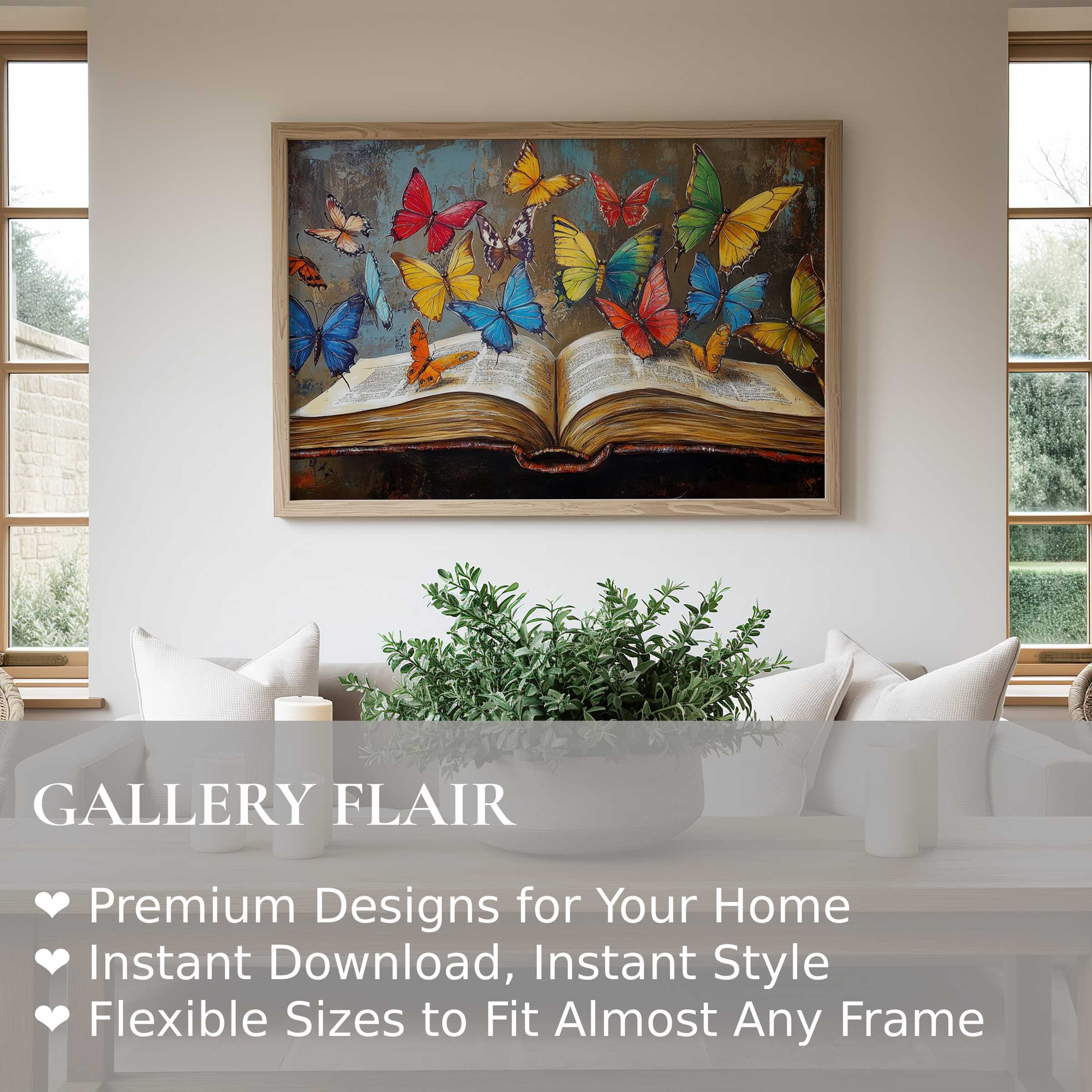 Vibrant street art wall art print of colorful butterflies emerging from an open book, adding bold, whimsical charm to modern minimalist interiors